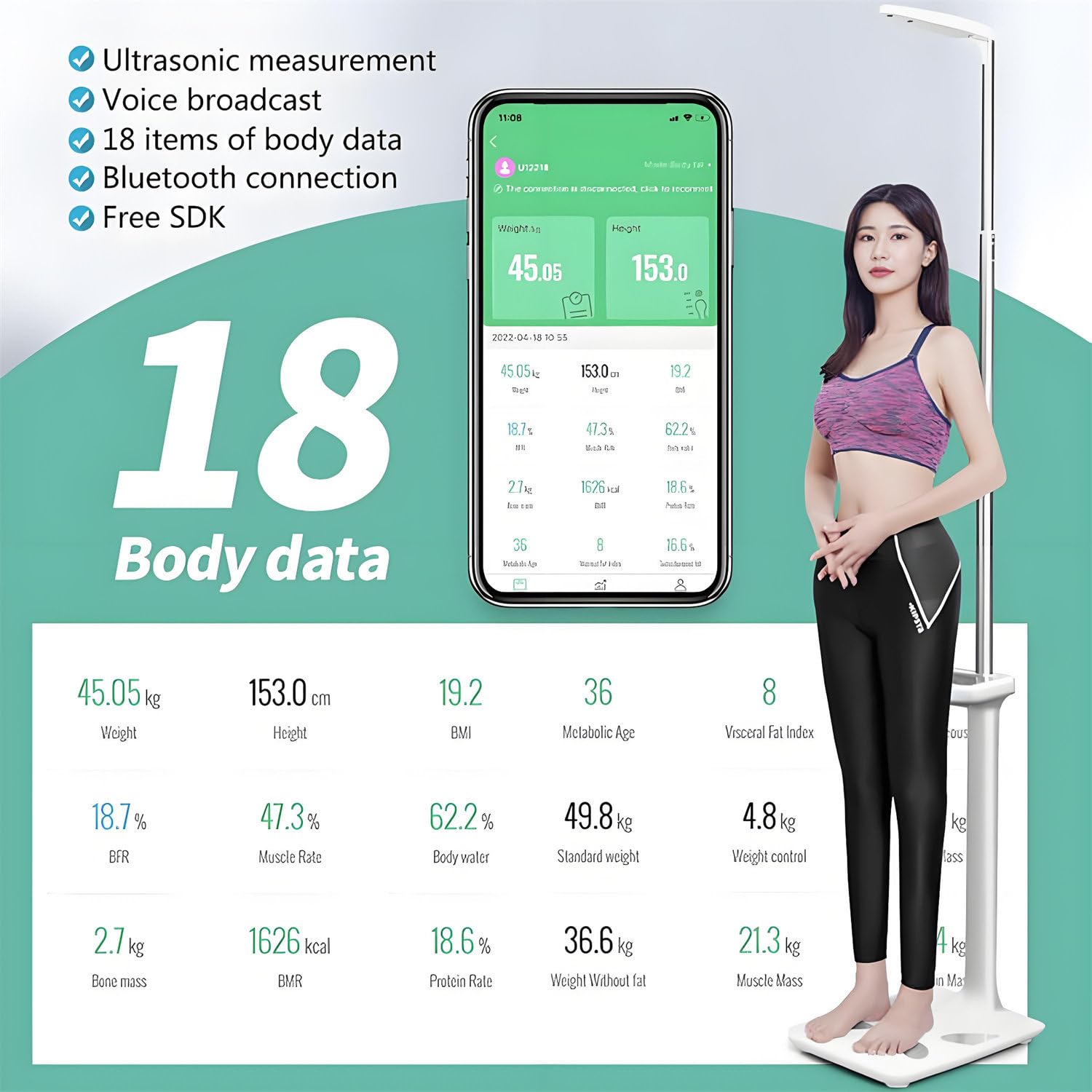 Körperfett-Analysegerät Ärzte, 200 Kg Tragkraft, Zur Messung Von Körpergröße, Körperfett Und Bmi – Multifunktions-Analysegerät Mit LCD-Display Zur Genauen Verfolgung Fettleibigkeitswerts