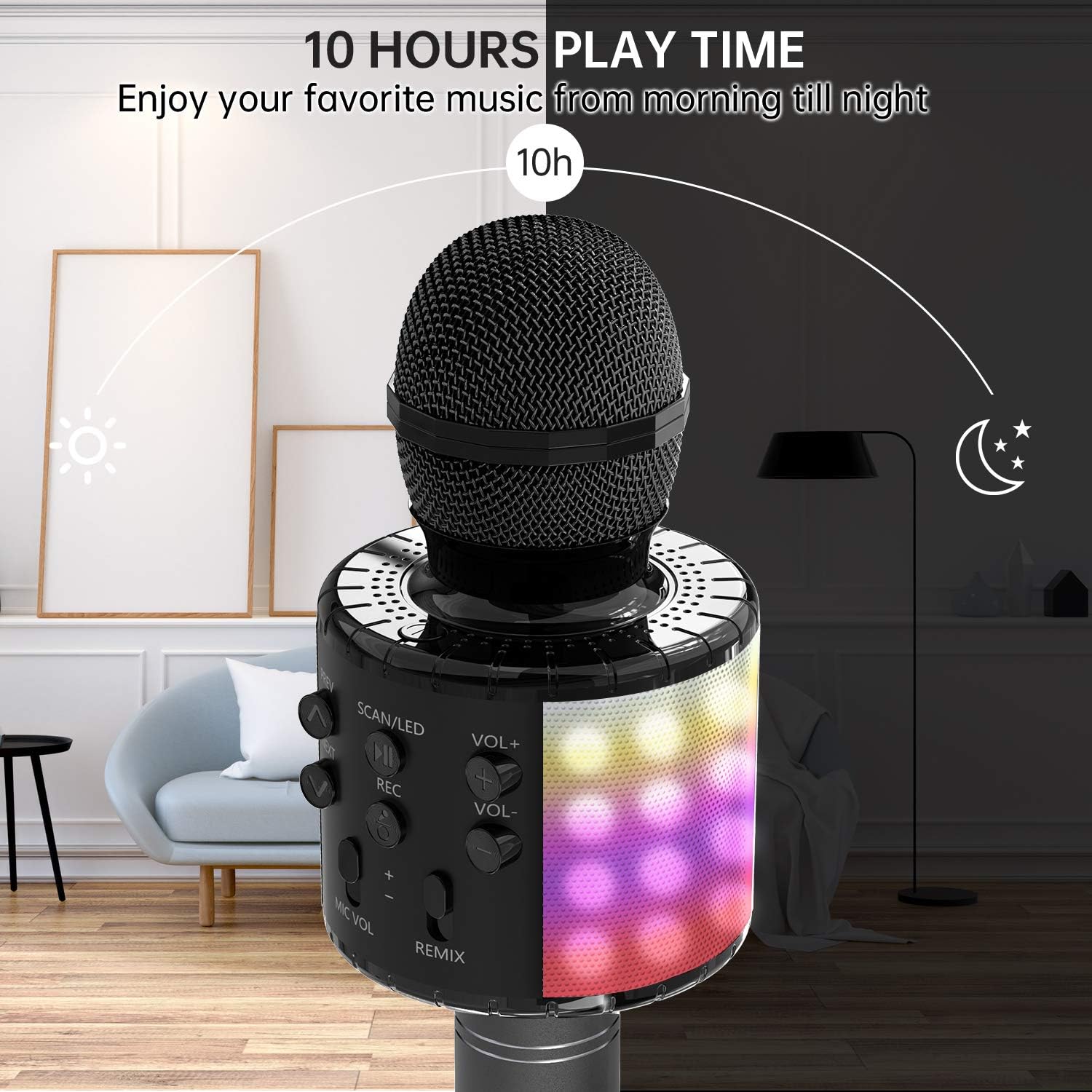 OVELLIC Karaoke Microphone for Kids, Wireless Bluetooth Karaoke Microphone with LED Lights, Portable Handheld Mic Speaker Machine, Great Gifts Toys for Girls Boys Adults All Age (Black Plus)
