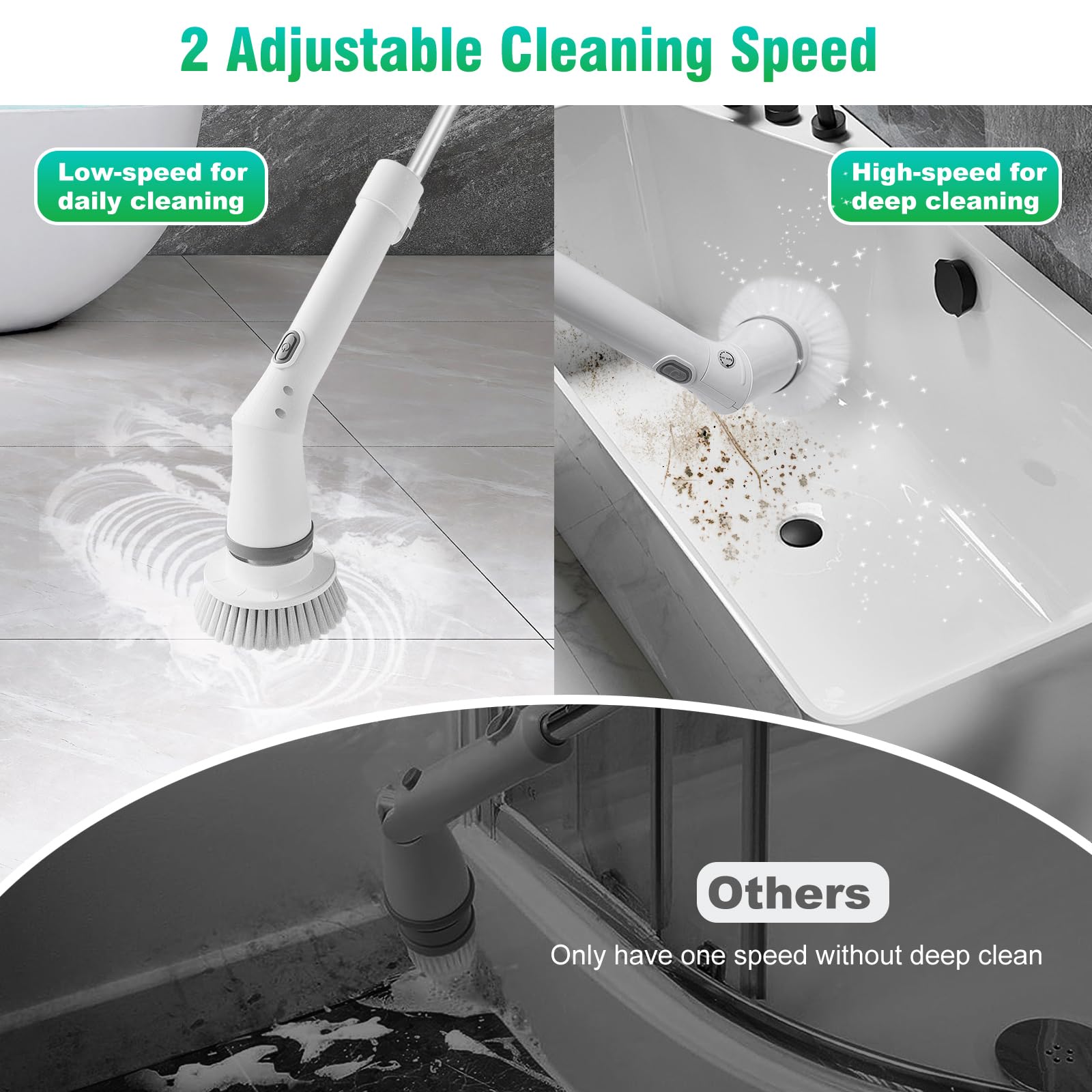 Nlapldy Electric Spin Scrubber, Cordless Cleaning Brush with 2 Speeds & 6 Replaceable Brush Heads & Adjustable Extension Arm, for Daily/Deep Cleaning, Power Shower Scrubber for Bathroom, Kitchen, Car