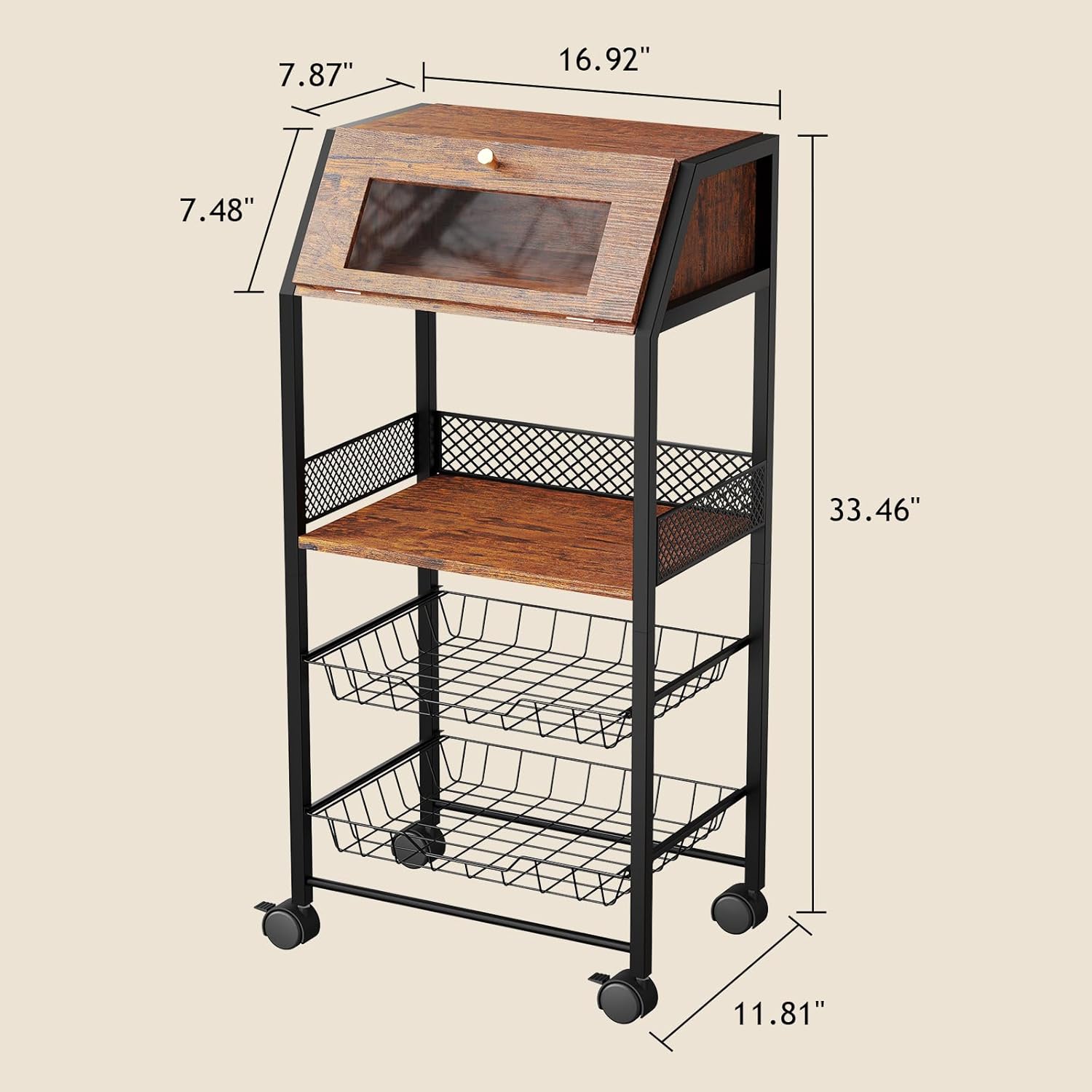 Homsorout Rolling Kitchen Cart with Bread Box and 2 Pull-Out Wire Baskets - 4-Tier Storage Cart on Wheels with Lockable Casters, Wood Top and Metal Frame for Kitchen, Bathroom, and Pantry,Brown
