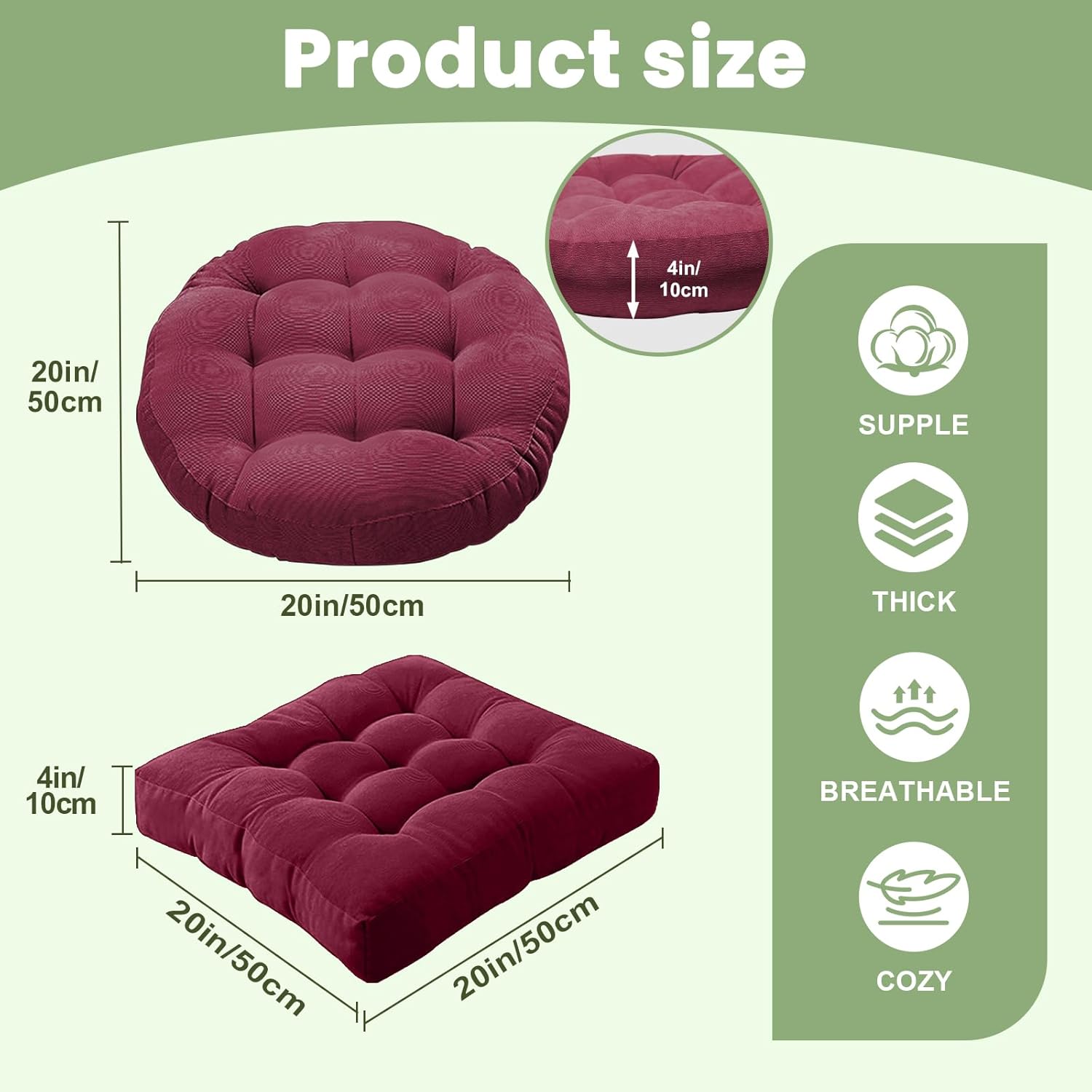 Floor Cushion Pillow Set of 2 Large Round and Square Floor Pillows for Adults Meditation Cushion Pillow Wine Red Tufted Corduroy Cushions for Living Room Outdoor Yoga Tatami Fireplace,20x20 Inch
