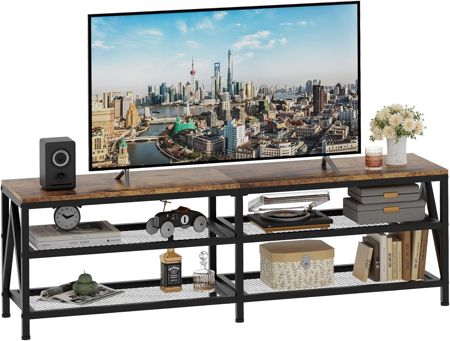 Szafka pod telewizor, szafka pod telewizor do 70 cali, szafka pod telewizor z 3 otwartymi półkami, regał pod telewizor do salonu, sypialni, 160 x 40 x 50 cm, wzornictwo przemysłowe, stalowy stelaż
