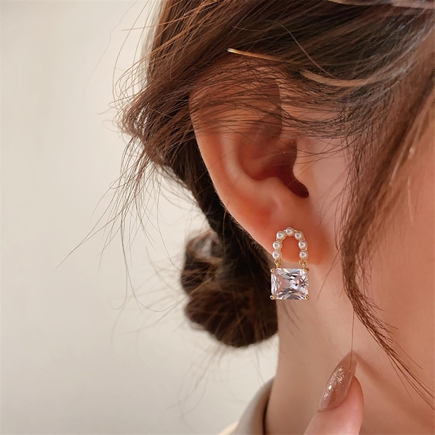 W WEILIRIAN Boho Crystal Lock Earrings Square Rhinestone Dangle Earrings Vintage Pearl Earrings Gold Pearl Bead Earrings Jewelry for Women and Girls Gifts - Image 5