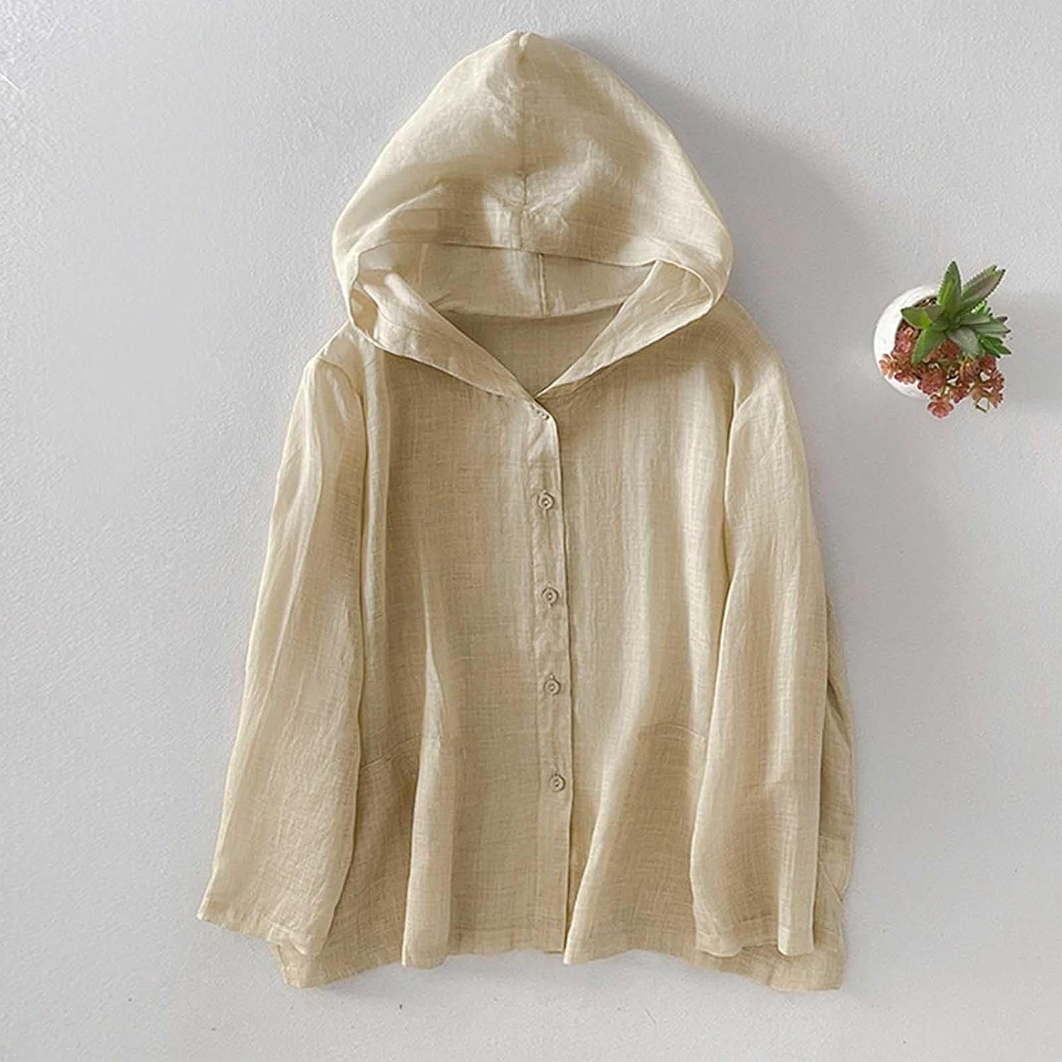 Women's Cotton Linen Sun Protection Shirts Hoodie Long Sleeve Button Down Gauze Shirts Lightweight Fashion Tops