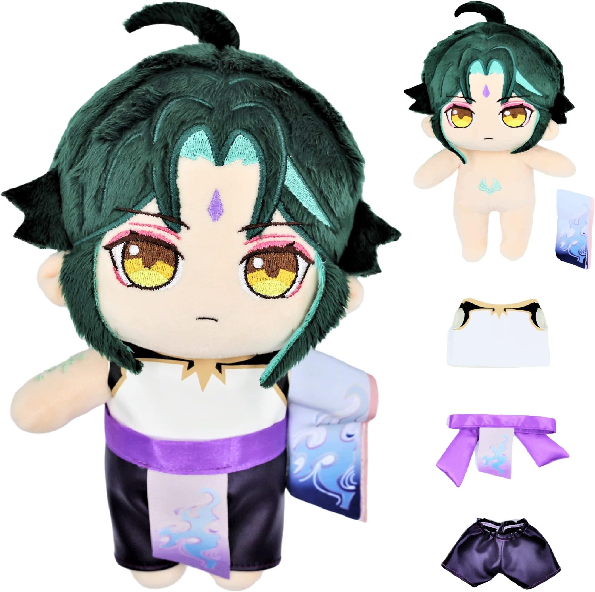 uoozii 23cm/9inch Poseable Genshin Impact Xiao Plush Figure Hu Tao Klee Zhongli Venti Kazuha Cosplay Plushie Doll with Changeable Doll Clothes Collectable Gift (Xiao, Poseable)