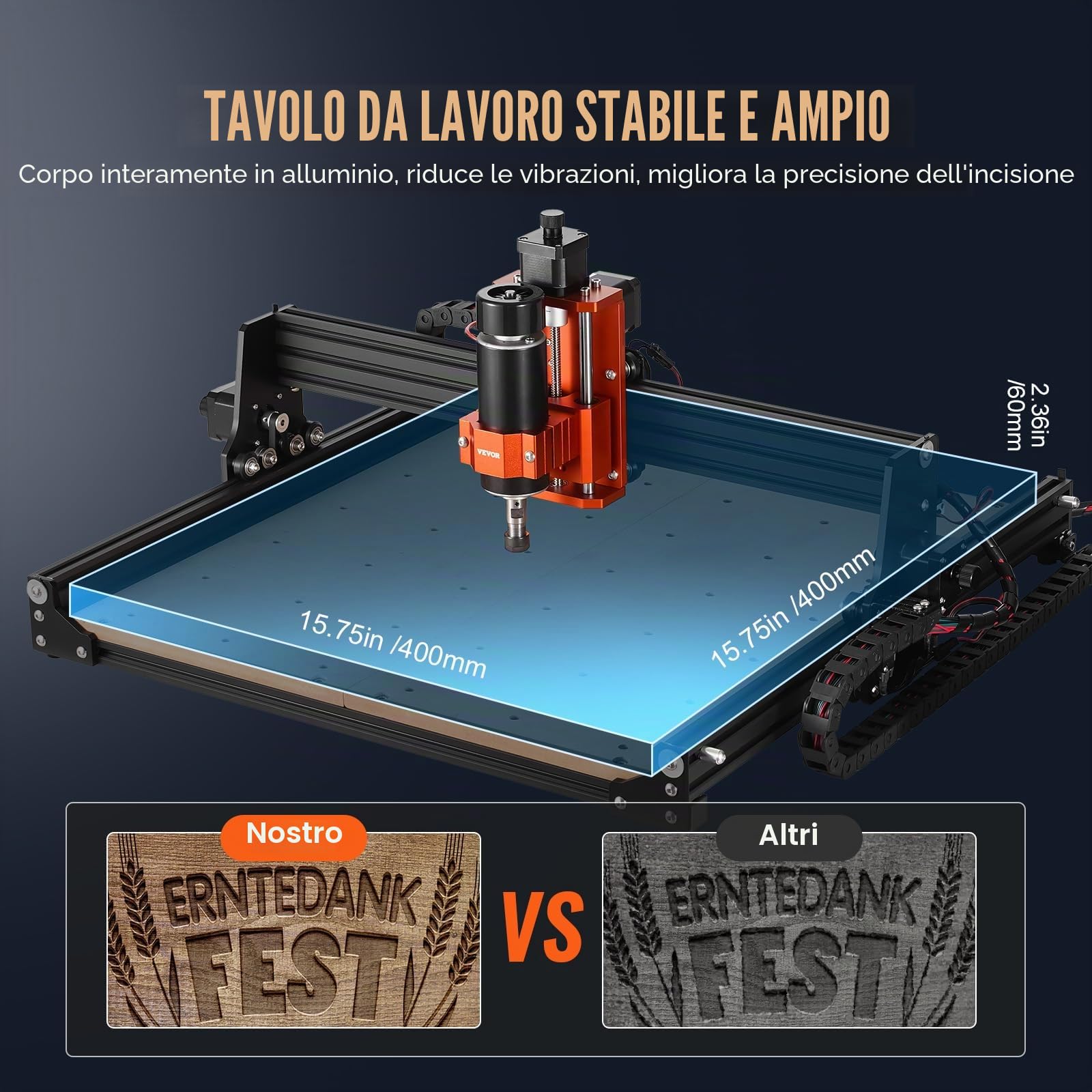 VEVOR CNC Router Macchina, 300 W, 3 Assi GRBL Controllo Kit per Fresatura e Incisione su Legno, 400 x 400 x 60 mm Area di Lavoro 1200 giri/min, Router Macchina per Legno Acrilico Schiuma Plastica