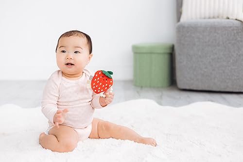 Pearhead Crinkle Plush Baby Teether, Adorable Strawberry Sensory Toy with BPA-Free Silicone Beaded Ring, Gentle Sound and Soft Fabric for Teething Pain Relief, Infant Rattle for Newborns 0+ Months