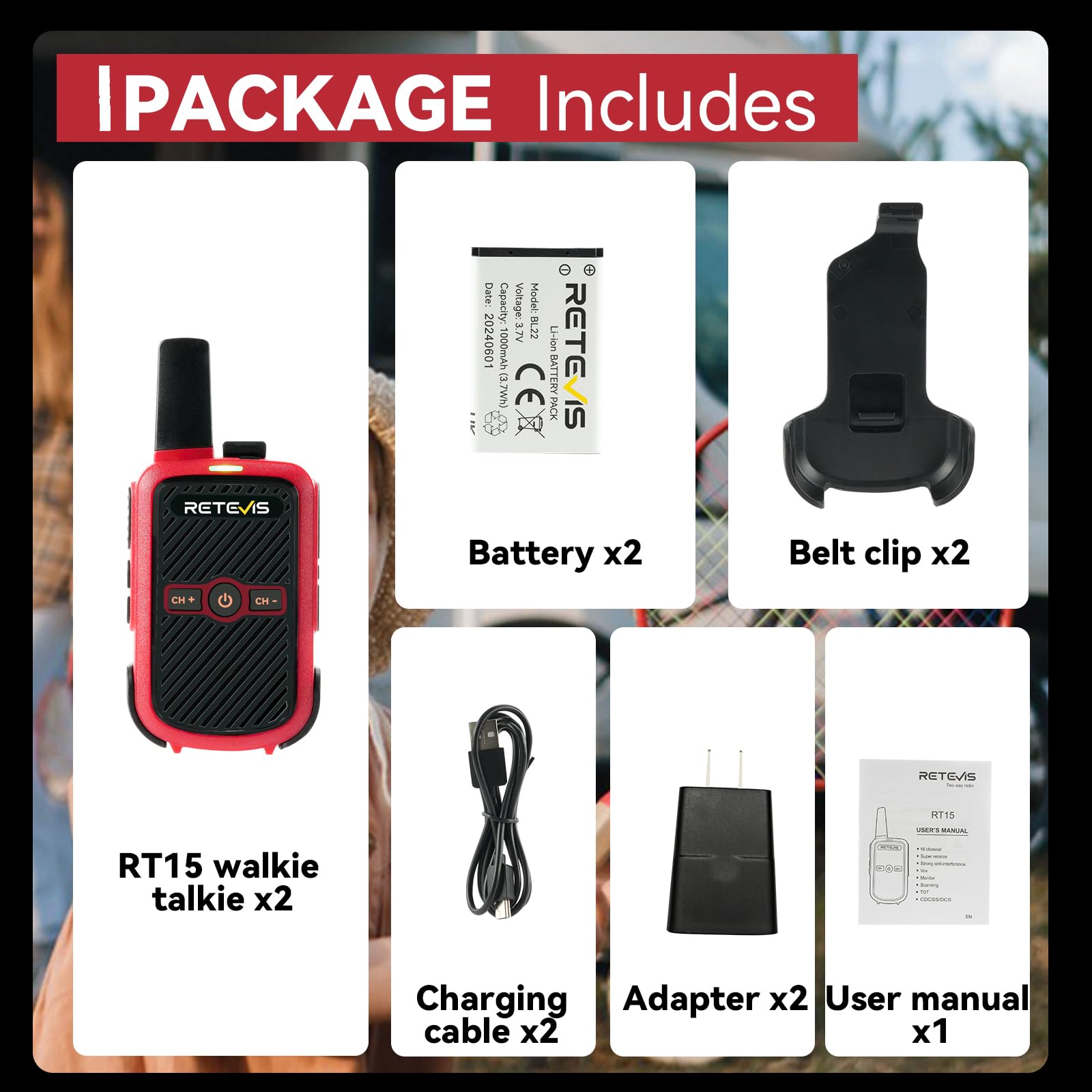 Retevis RT15 Walkie Talkie, ​​Profesjonalne Walkie Talkie, 1000 Mah, Vox, Po Wyjęciu Z Pudełka, Krótkofalówka Dalekiego Zasięgu Do Podróży Rodzinnych, Kempingów, Na Zewnątrz (Czerwony, 1 Para)