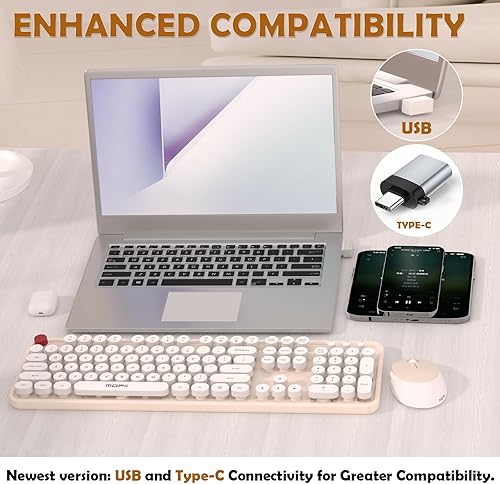 Miniatura 7 de COOFUN - Teclado inalámbrico color crema, 104 teclas de tamaño completo, teclado blanco, ergonómico, inalámbrico, lindo y colorido retro máquina de