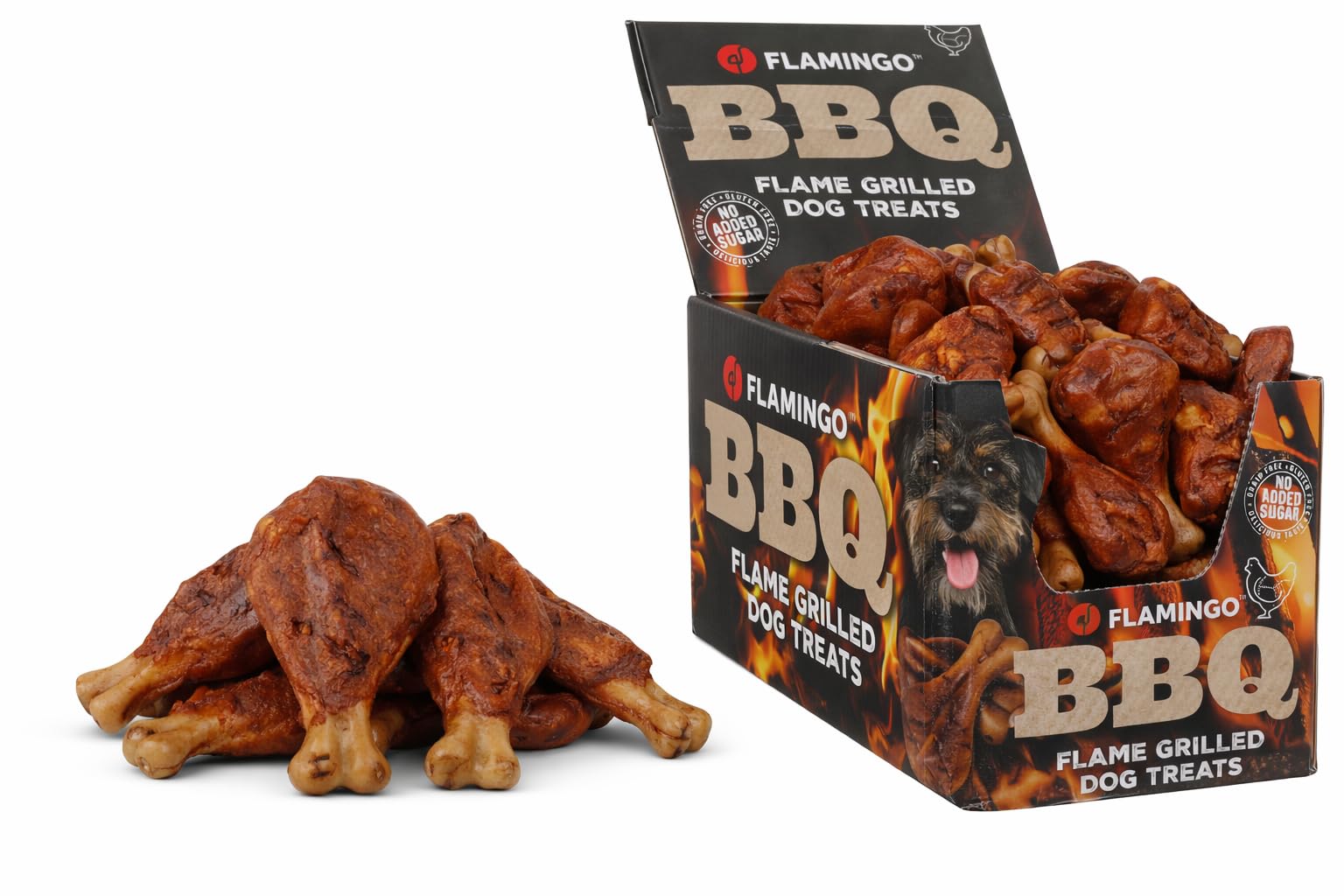 Snacks para Perros - Flamingo BBQ Costilla con Pollo M - 11 x 7 x 1 cm - 1,9 kg Display - Rica en proteínas - sin Gluten - sin Cereales - sin azúcares añadidos