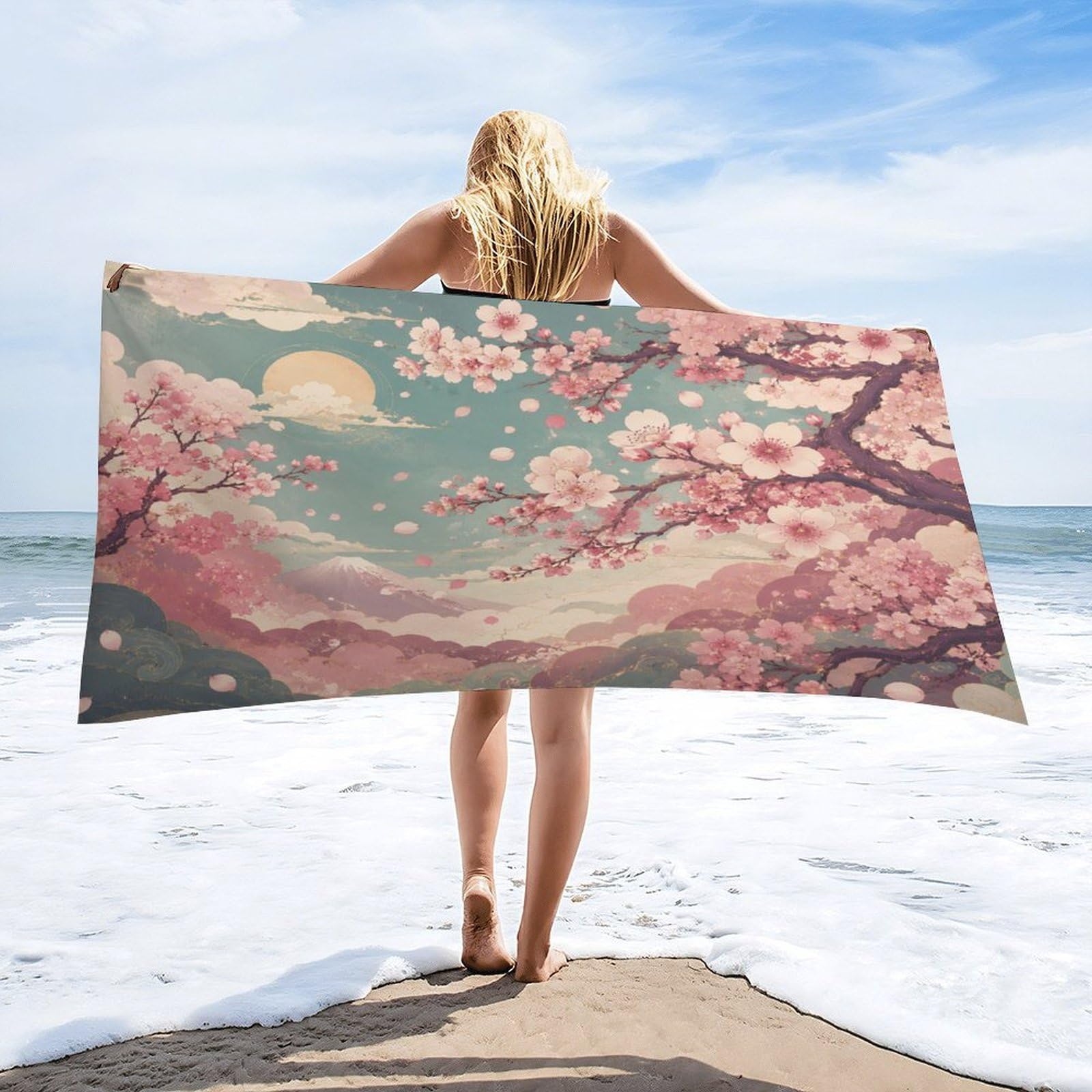 Anceky Cherry Blossom Mountain Sunset Beach Towel 32"×63",Soft Microfiber Bath Towel Shawl, Quick Dry Absorbent Pool Spa Gym Shower Towel