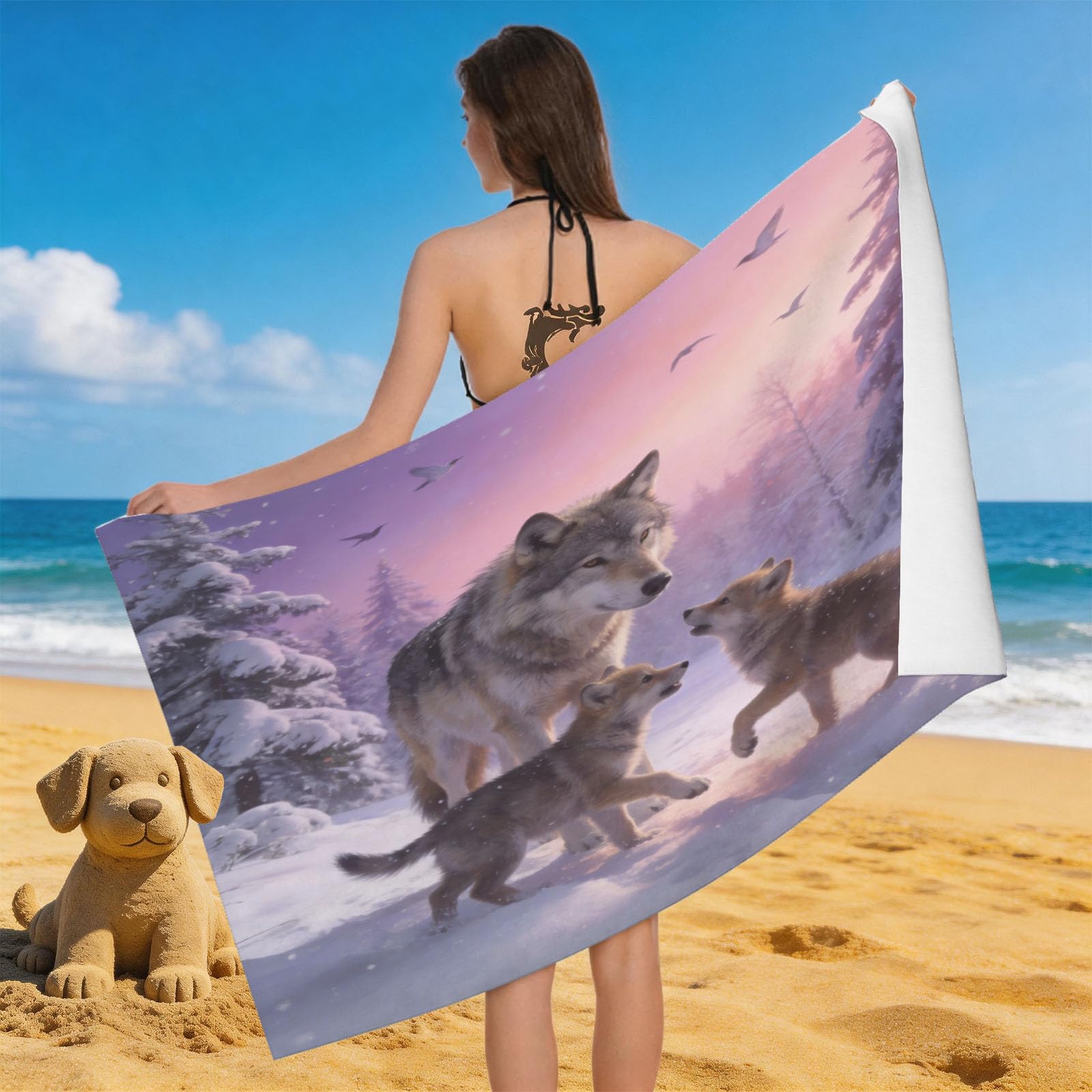 Leichong Men's Grey 3D Snow Wolf Pack Beach Towel Microfiber Soft Quick Dry For Adults, Art Style Bath Towel Lightweight Soft Absorbent For Travel Swimming Pool Sports, 75 X 150 Cm