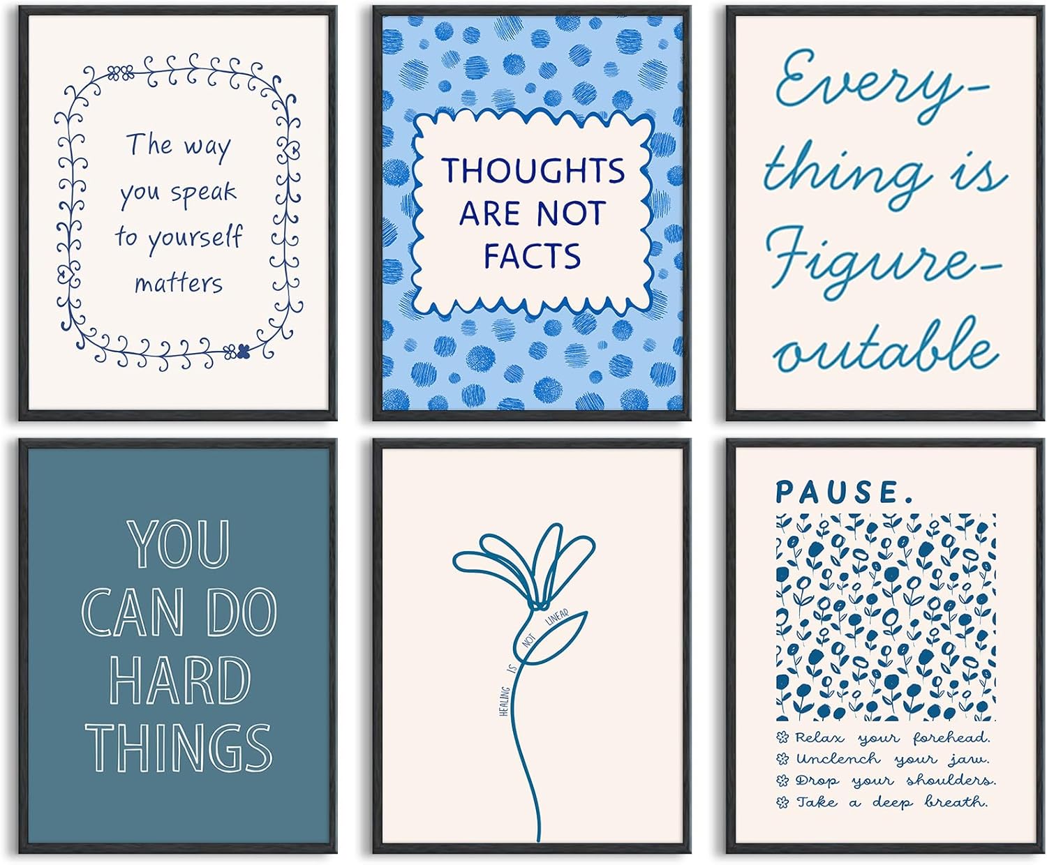 Mental Health Wall Decor Therapy Office Canvas Wall Art Posters Blue Boho Motivational Picture Psychology Artwork Inspirational Positive Quotes Prints for Counseling Office 12×16 Inch Unframed 6Pcs
