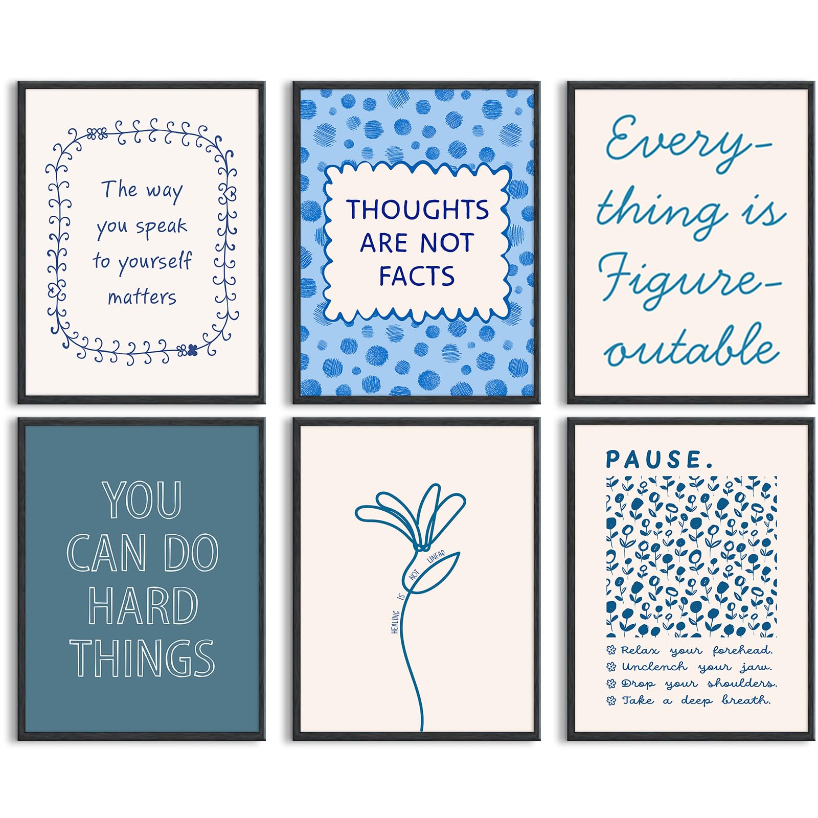 6-Piece Boho Blue Motivational Psychology Wall Art Set for Therapy Offices (8x10 Unframed)