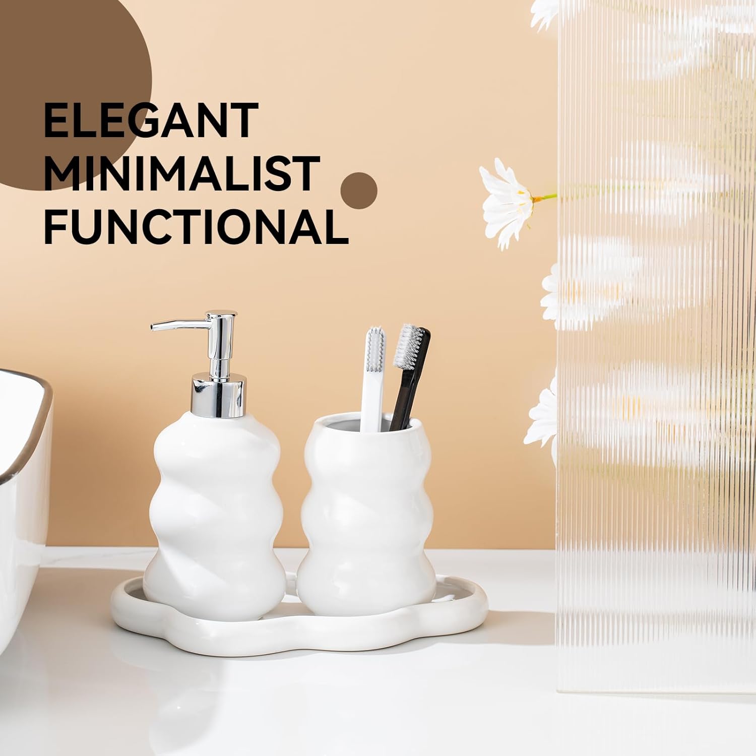 3-Piece White Ceramic Bathroom Accessories Set with Tray, Lotion Dispenser, and Tumbler for a Luxurious Bath Experience