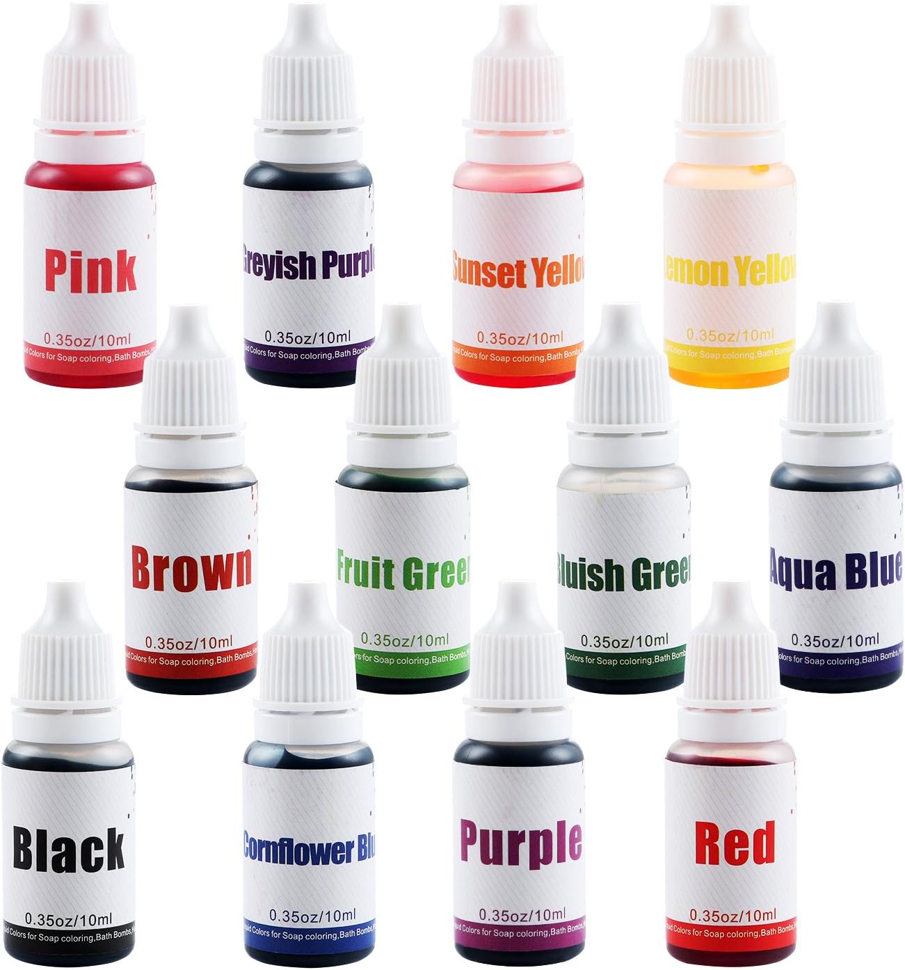 Allinko 12 Colors Liquid Soap Dye Kit Food Grade Skin Safe (4.2 OZ), Vegan, Gluten-Free - Liquid Bath Bombs Colorant Set Best Soap Making Supplies (Red Pink Lavender Yellow Aqua Blue etc.)
