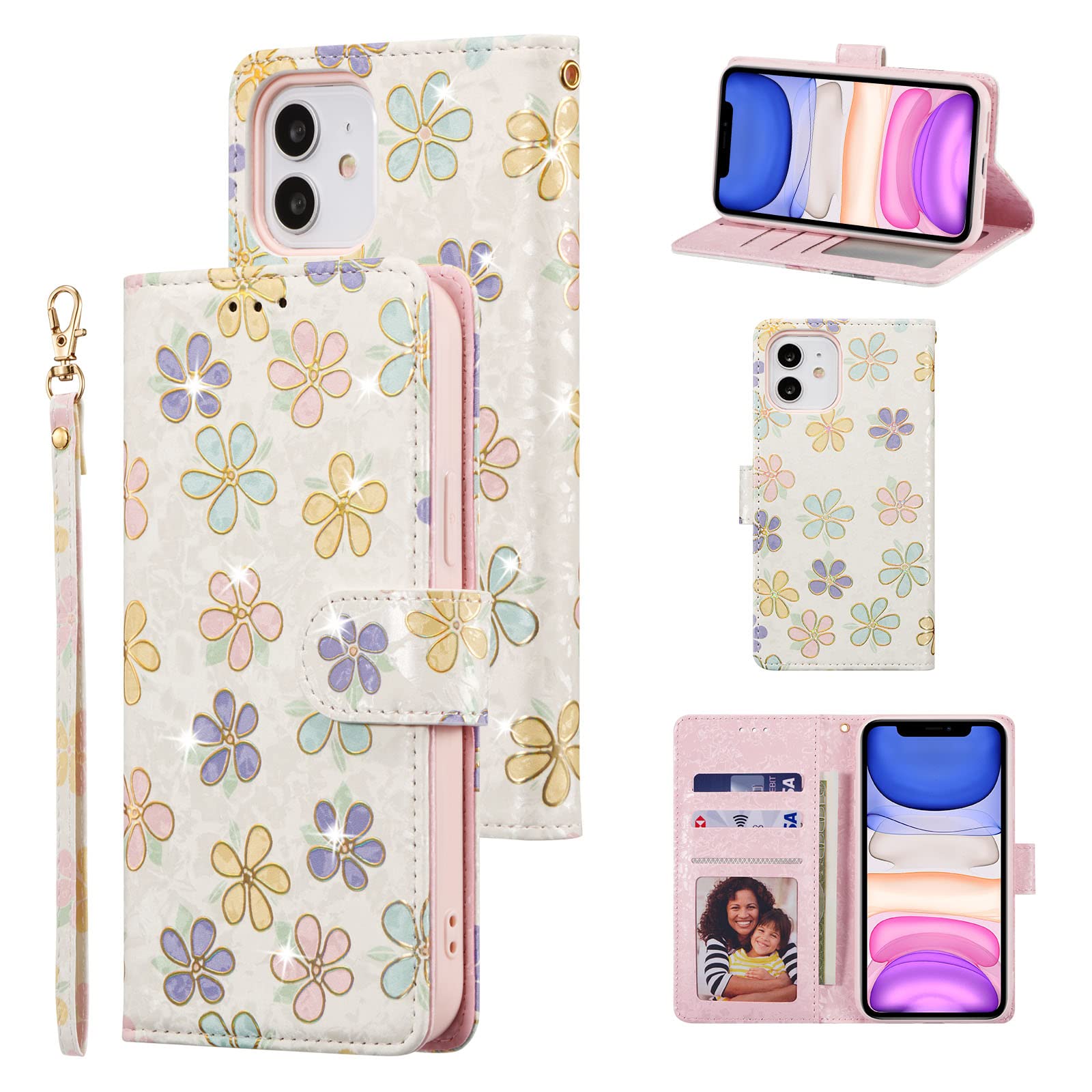 UEEBAI Wallet Case for iPhone 11 6.1 inch, PU Leather Phone Case Kickstand RFID Blocking Flip Case Card Slots Wrist Strap Relief Engraved Pattern