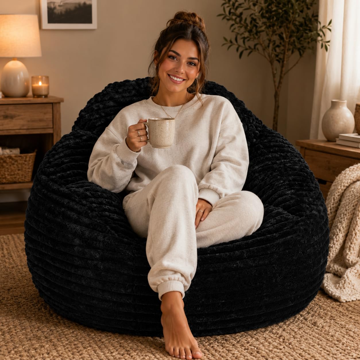 Simple Deluxe 3.25 ft Faux Fur Memory Foam Bean Bag Chair, Large Comfy Lazy Chair for Adult with Washable Cover, Perfect for Reading Gaming in Living Room Bedroom, Black