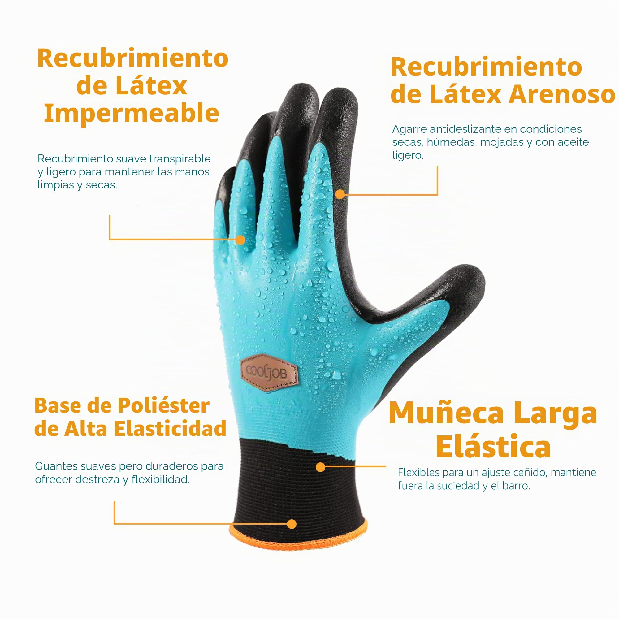 COOLJOB Guantes de Jardinería Impermeables, Guantes de trabajo con doble recubrimiento de látex para el trabajo en el jardín, Azul, Tamaño medio (2 pares M)