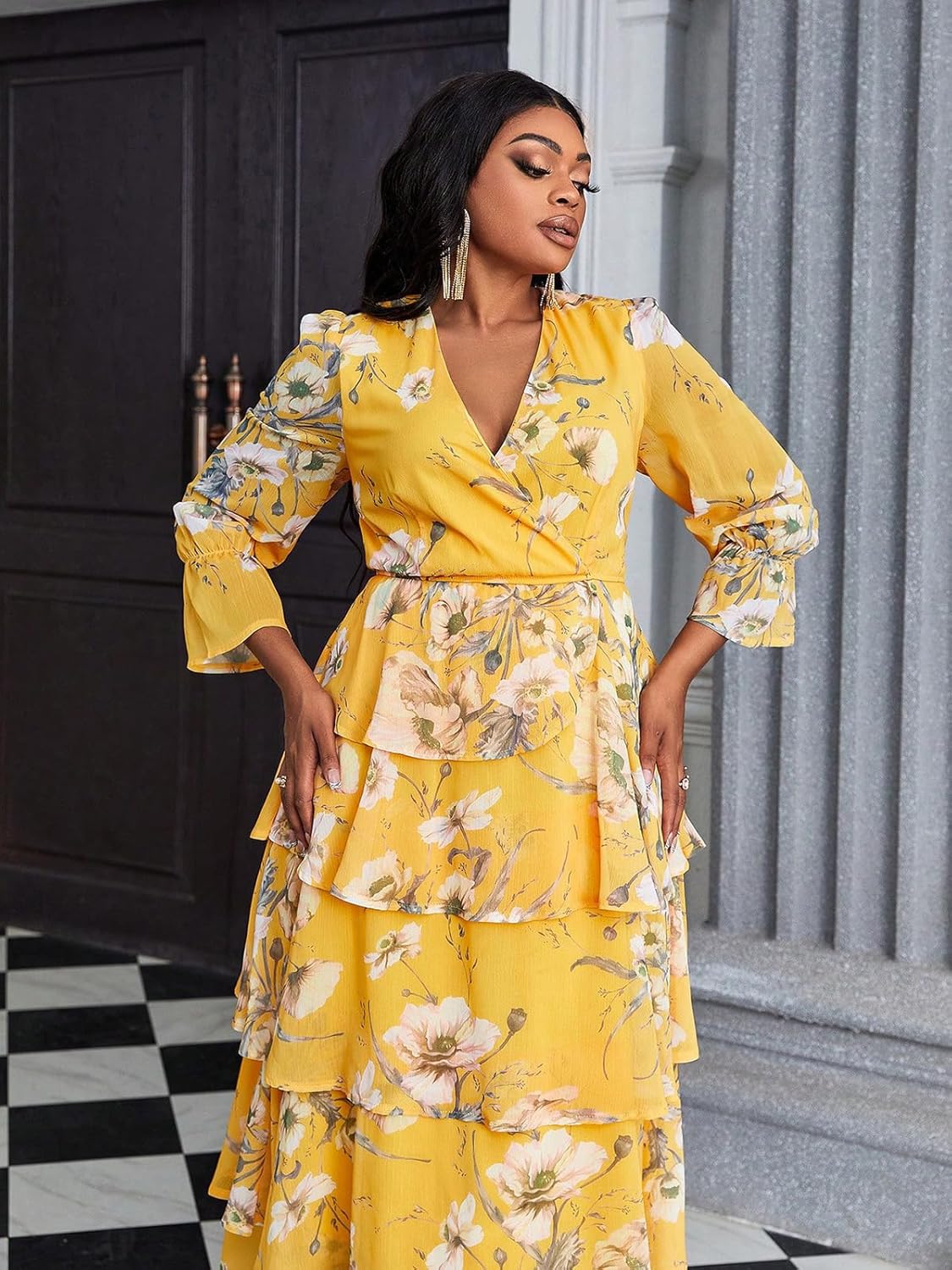 Spring Summer 2026 Plus Size Womens Dresses V Neck Casual Elegant Long Sleeve Floral Print Maxi Dress - Image 3