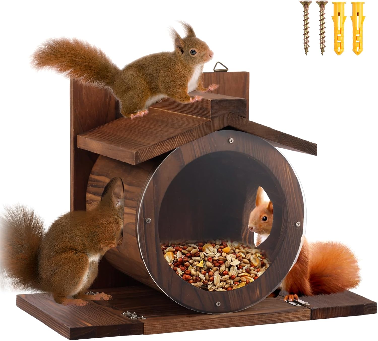 Wood Squirrel Feeder, Squirrel Feeders for Outside Winter, Wall Mounted Chipmunk Feeder, Large Hole Squirrels Feeding House, Spacious Interior Chipmunk House Box for Yard Garden