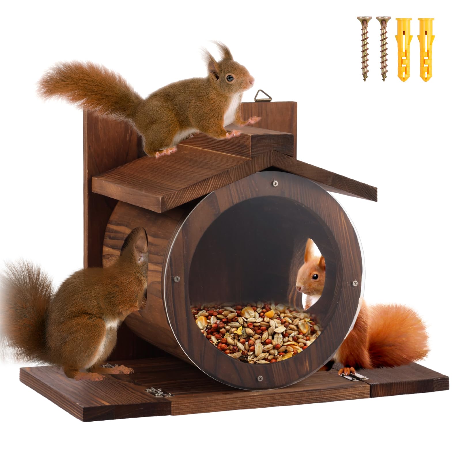 Wood Squirrel Feeder for Outside Winter, Heavy Duty Squirrel Feeders Platform, Funny Chipmunk Picnic House for Peanut Nuts Corn Wildlife Feeding Station fo r Outdoors Tree arden Yard Decoration