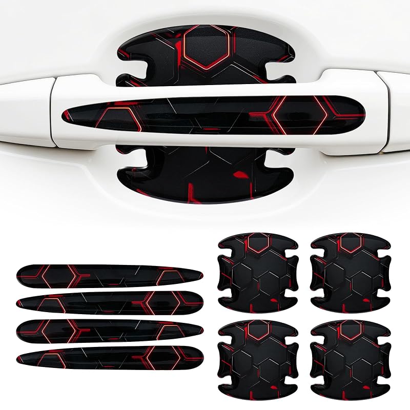 Rislobx Adesivo Protetor para Maçaneta de Porta de Carro, SUV e Caminhão com Estampa 3D Honeycomb Preto e Vermelho, Kit com 8 peças