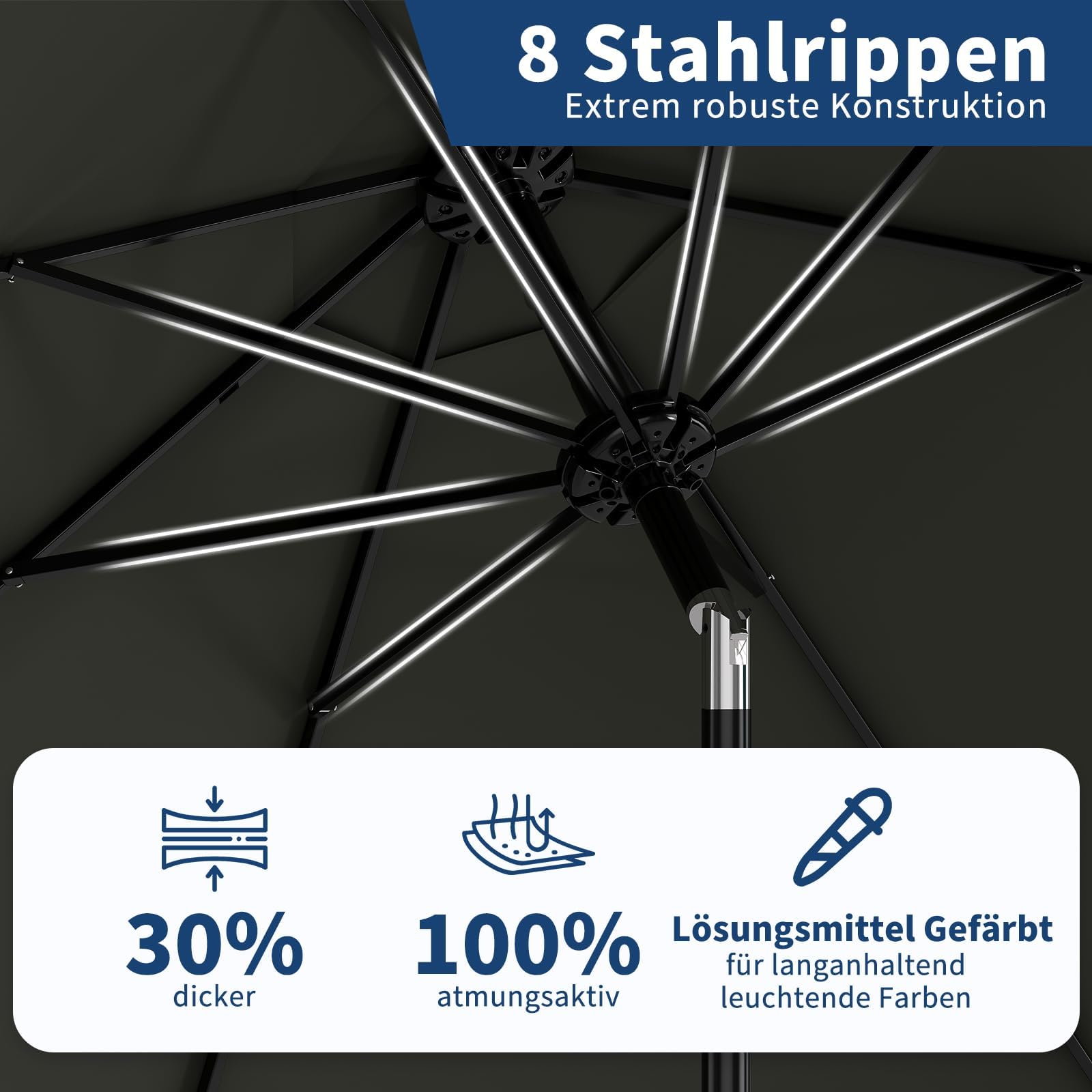 Garvee Parasol De Jardín 270 cm – Protección UV50+, Impermeable, 8 Varillas Robustas, Manivela y Inclinación Regulable – Ideal Para Terraza, Balcón, Piscina y Exterior
