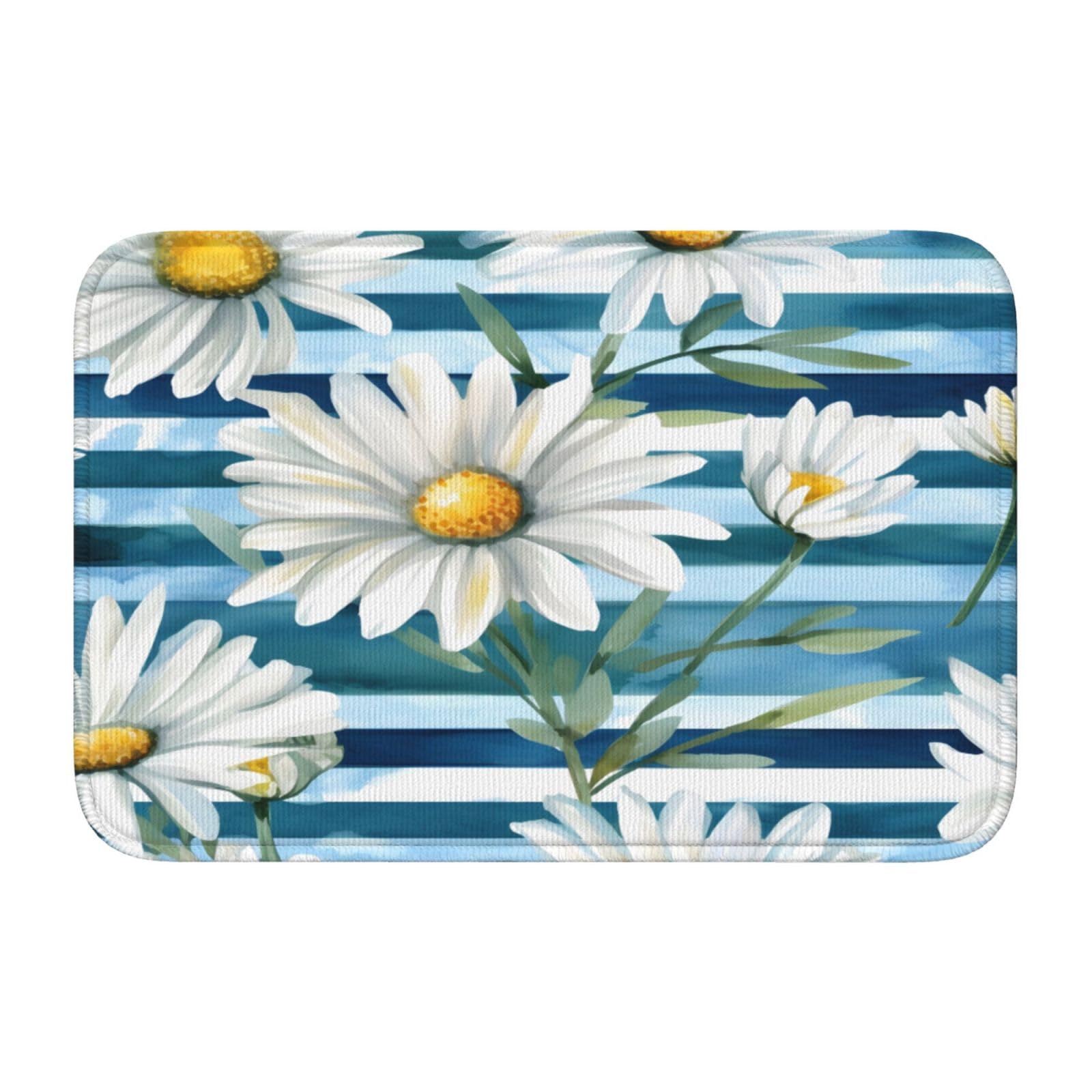 Helhappy Soft Non-Slip Indoor Doormat, White Daisy Blue Stripe Water Absorbent Bathroom Rugs, Washable Room Accessories Floor Mat 15.7X23.6 Inches