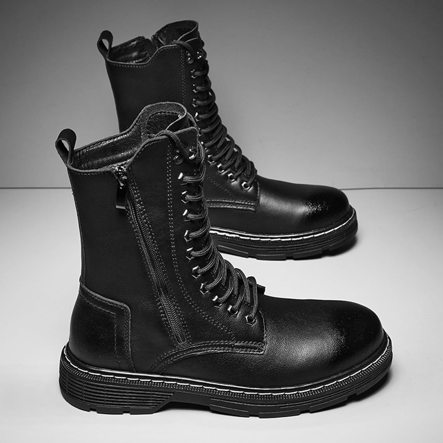 Men's Leather Vintage Lace-Up Motorcycle Boots Waterproof And Non-Slip Side Zipper Work Boots Suitable For Riding, Working, Outdoor Sports