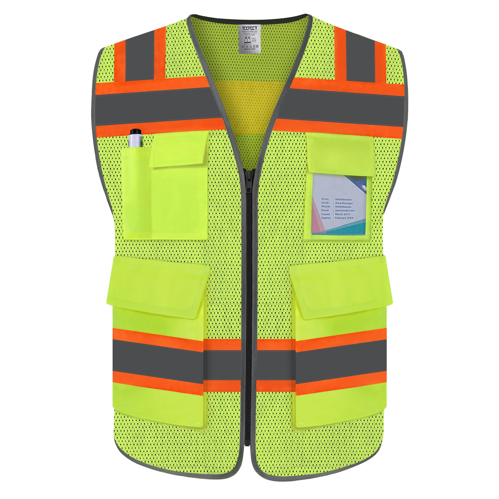 TCCFCCT Safety Vest for Men Women 5 Pockets Mesh High Visibility Reflective Vest with Reinforced Zipper, Durable Construction Work Vest with