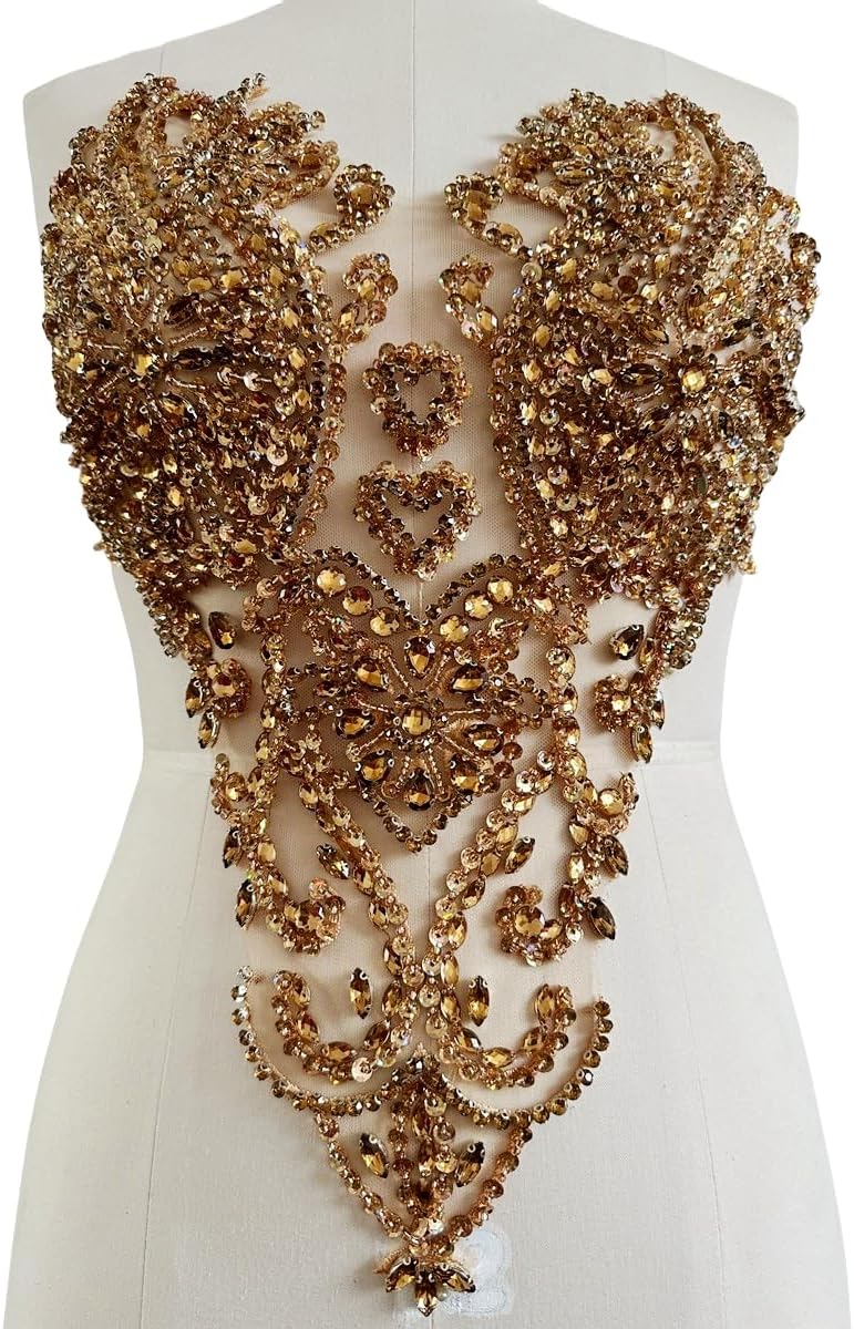 Handmade Shinning Rhinestones lace Applique Pure handsewing Beads Crystal Sequins Trim Patches Perfect Decoration Accessories (Champagne)