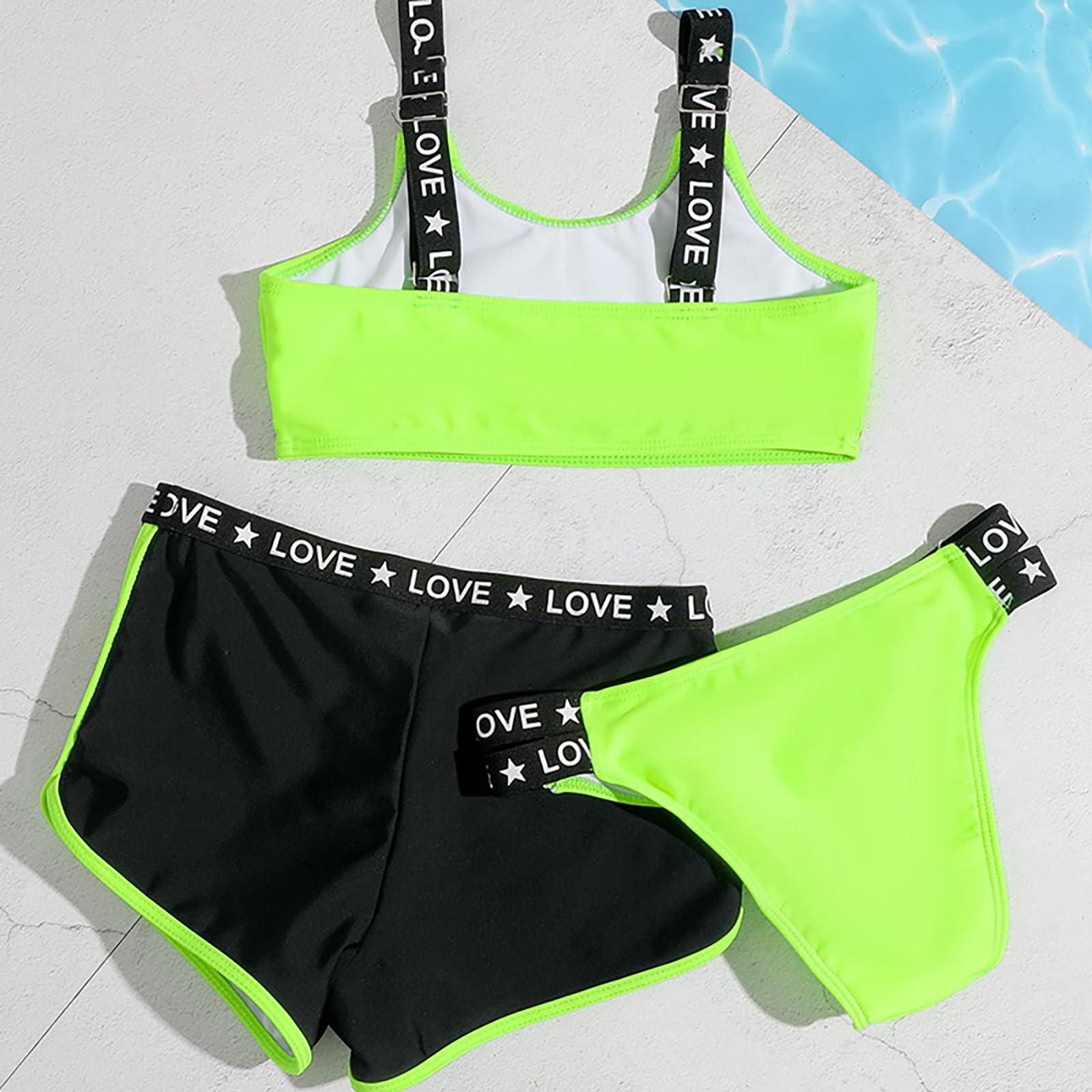 Costume da Bagno per Bambine in 3 Pezzi con Reggiseno Sportivo e Stampa Lettere, Bikini Due Pezzi alla Moda per Spiaggia e Piscina, Tessuto Morbido e Asciugatura Rapida, Taglie 5-10 Anni