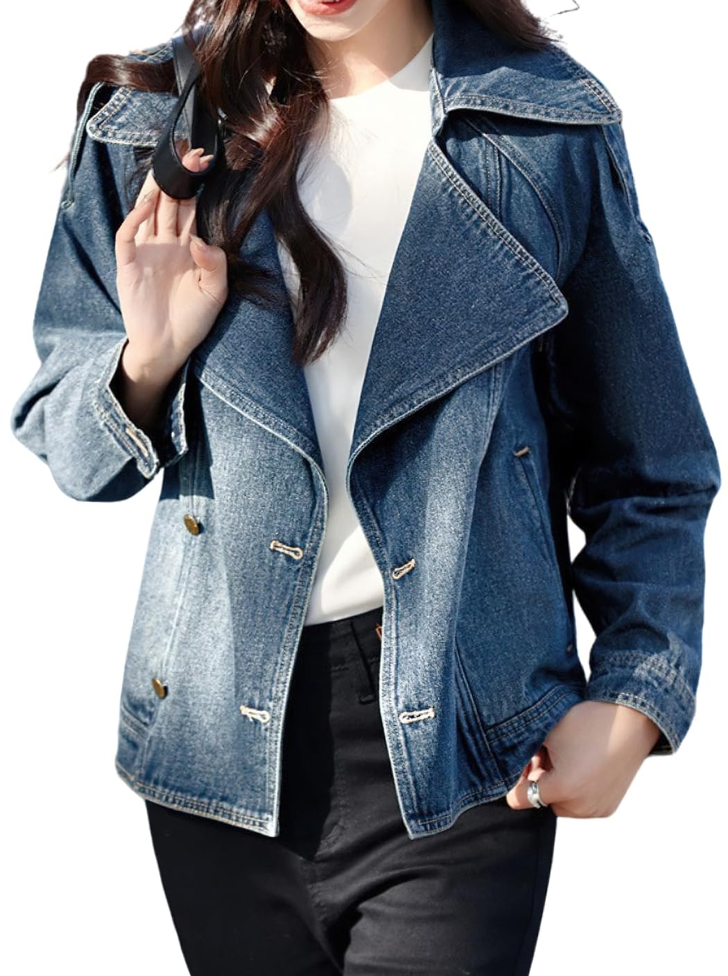 chouyatou Womens Casual Denim Blazer Notched Collar Jean Jacket Button Down Cropped Short Trench Coat