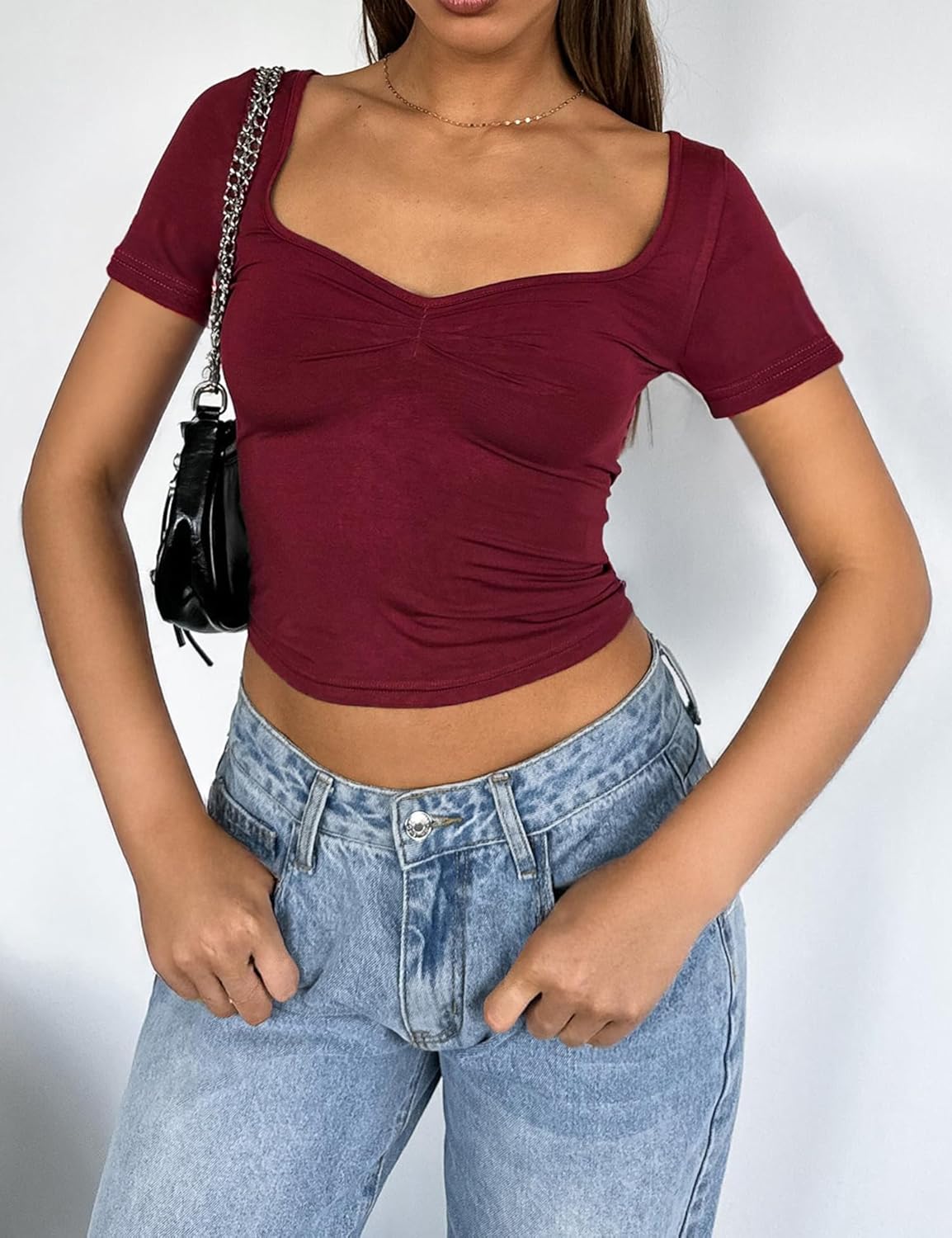 Women's Short Sleeve Going Out Crop Top Sexy Pleated Cute Shirt Sweetheart Neck Y2K Ruched Cropped Tops - Image 3