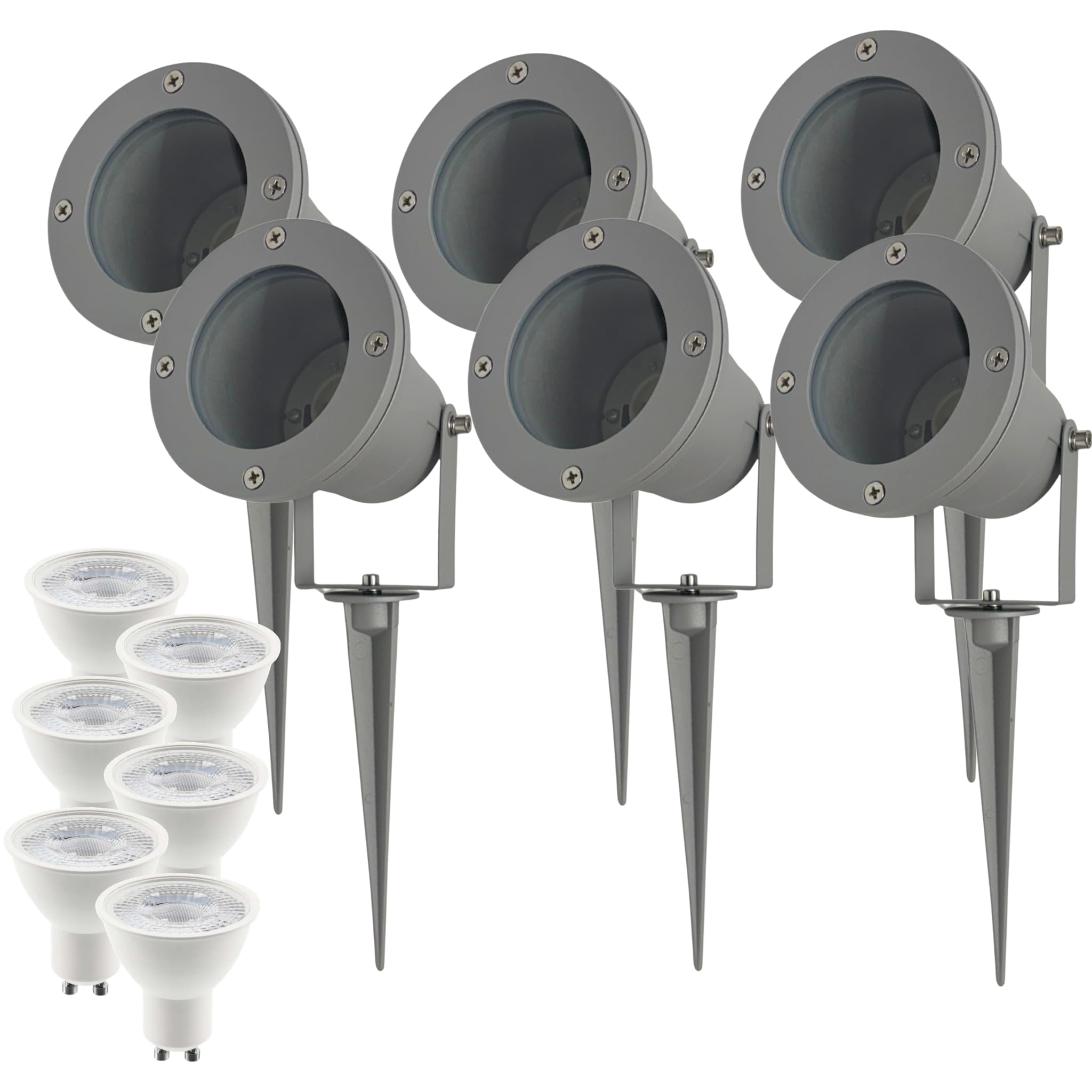 B2C GU10 Outdoor Garden Spike Light IP65 Waterproof Landscape Spotlight Adjustable Ground Light, Max 35W Bulb Included (6, Grey, Cool Daylight - 6400K)