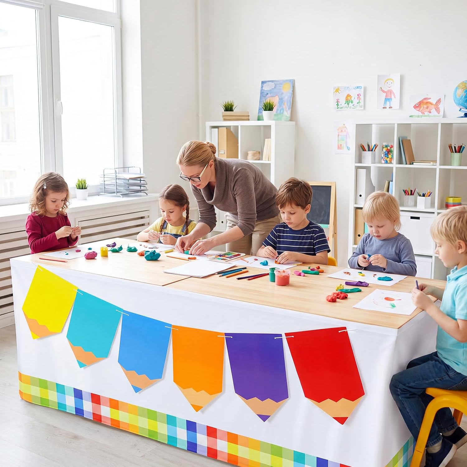 Frienda 14 ft Pencil Table Skirt Back to School Classroom Desk Skirt with Pencil Banner Colorful Checkered Teacher Table Cover for First Day of School Preschool Kindergarten Elementary
