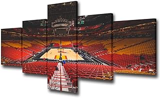Basketball Sports Decor NBA Miami Heat Pictures for Living Room American Airline Arena in Florida Paintings 5 Piece Canvas Wall Art Home Decorations Artwork Framed Stretched Ready to Hang 50'Wx24'H