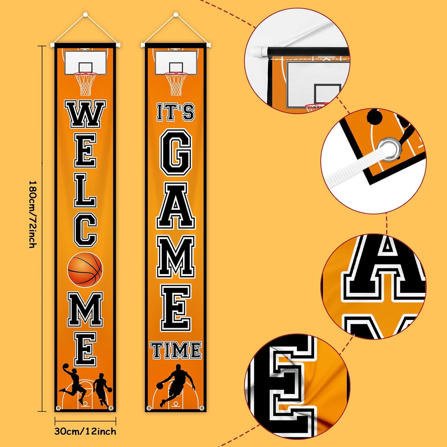 MEHOFOND Basketball Porch Banners Set of 2, Welcome It’s Game Time Door Hanging Banner, Vertical Basketball Porch Sign for Front Door Indoor Outdoor Sports Theme Party Decorations
