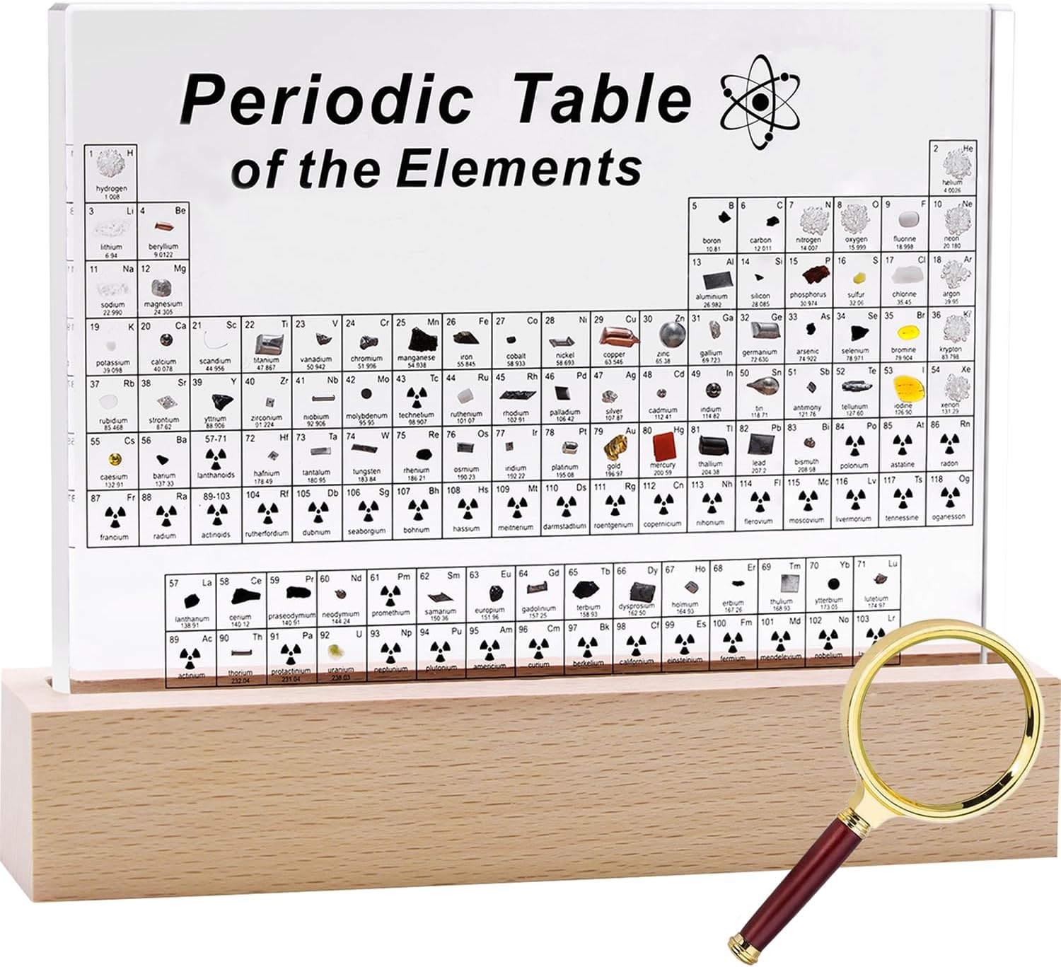Large Periodic Table with 83 Real Elements Inside, Acrylic Periodic Table of Chemical Elements with Wooden Stand and Magnifying Glass, Periodic Tables Display with Elements for Teacher Students