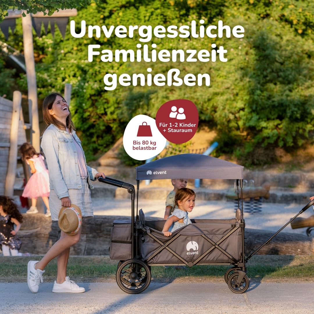 elvent® Allrounder Premium Bollerwagen - faltbar mit Dach | Sitzpolster, Hecktasche, Feststellbremse, Off-Road-Reifen, 5-Punkt-Gurt I 2 Kinder (Grau)