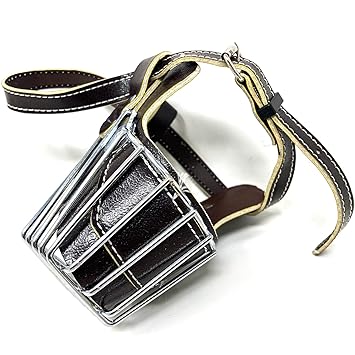 BRONZEDOG Dog Muzzle Bite Guard Stainless Steel with Adjustable Soft Leather Strap (Small Size)