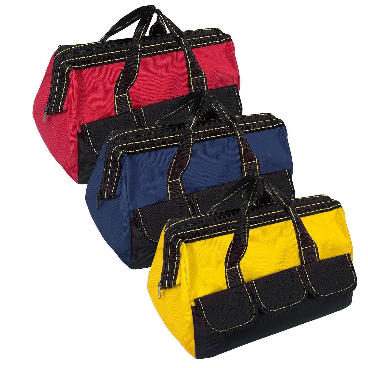 3 Pack Tool Bag with Waterproof Strong Hard Base, Large Organizer Heavy Duty Tool Bag Multi Pockets Wide Mouth Tool Tote for Various Tools (Multicolor