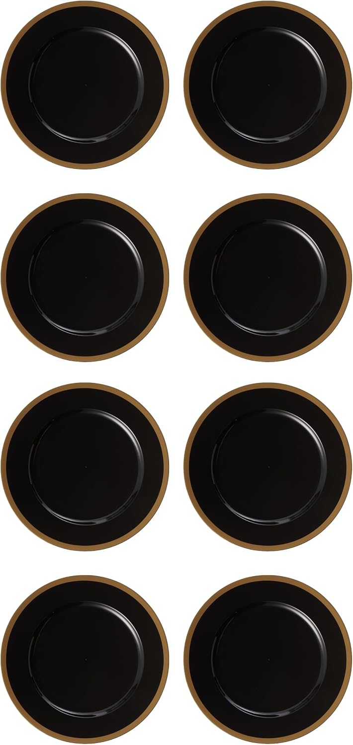Blue Sky Black and Gold Rim Charger Plates | 13", Set of 8 | Round Elegant Design for Events | Durable Plastic Dinnerware