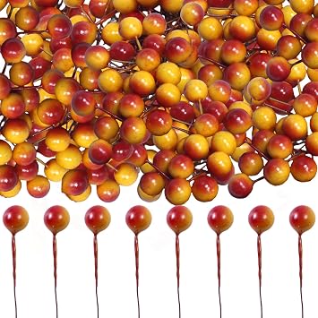 توت هولي صناعي من الخشب المزدوج مع سيقان سلكية، 400 قطعة من أعواد التوت الأحمر الصغيرة، توت صناعي مقاس 10 مم للحرف اليدوية، توت صناعي لتزيين إكليل شجرة الخريف 400، لون الخريف