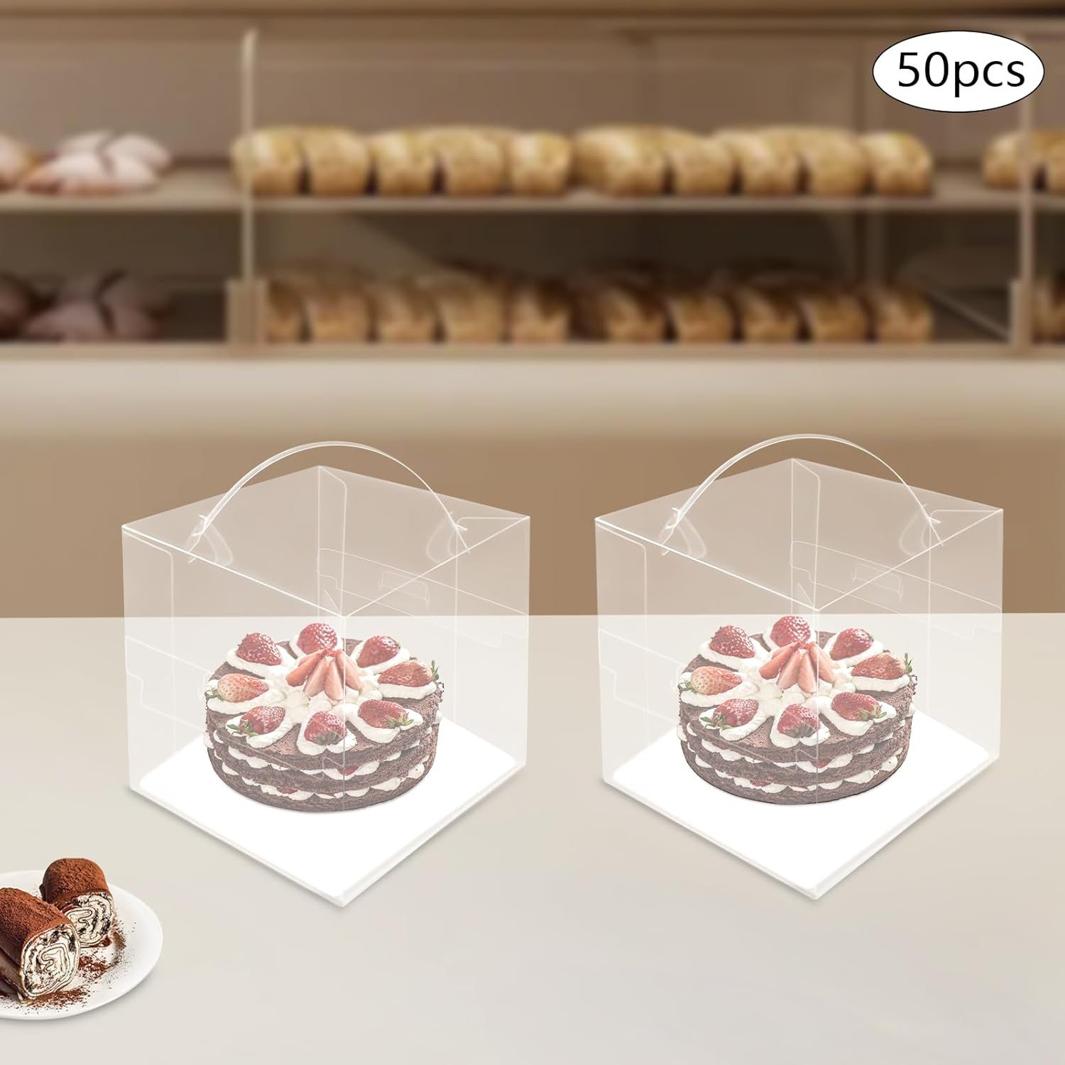 50Pcs Clear Cake Boxes, Mini Cupcake Boxes Cake Carrier Box with Lid and Handle Square Dessert Boxes 50 Sets Square Clear Cake Boxes for Birthday Wedding Home Party Hotel (5.9*5.9*5.9 in)