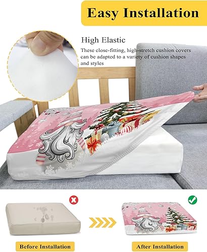 Miniatura 5 de Fundas de cojín de Navidad con diseño de gnomos rosados, funda elástica para sofá con parte inferior elástica, diseño de bolas de árbol de Navidad,