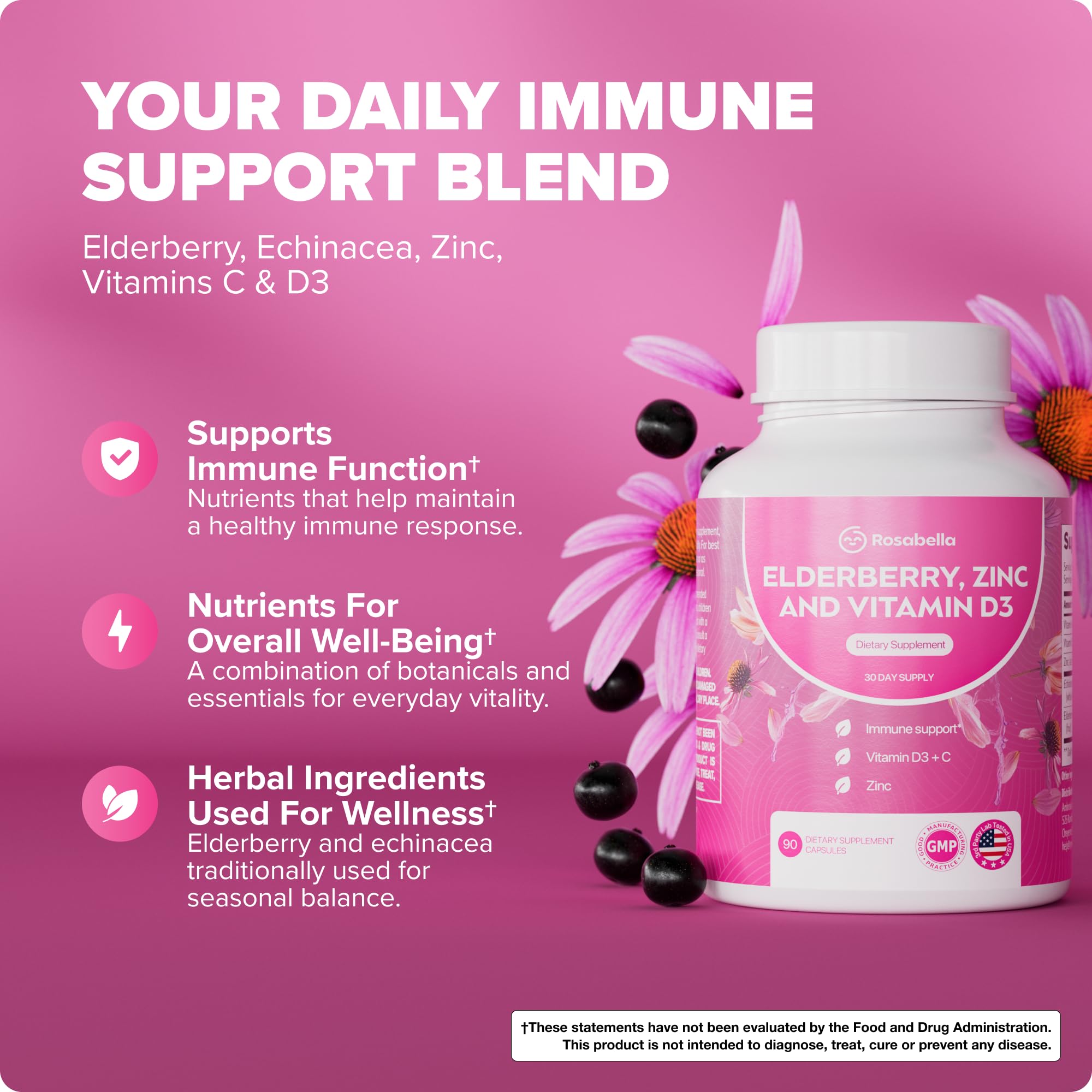 Rosabella Elderberry, Zinc & Vitamin D3 Capsules – Elderberry Supplement with Echinacea, Vitamin C & Zinc, Immune Support Supplement for Daily Wellness, Vegan Capsules – 90 Count (Pack of 1) — Amazon image 3