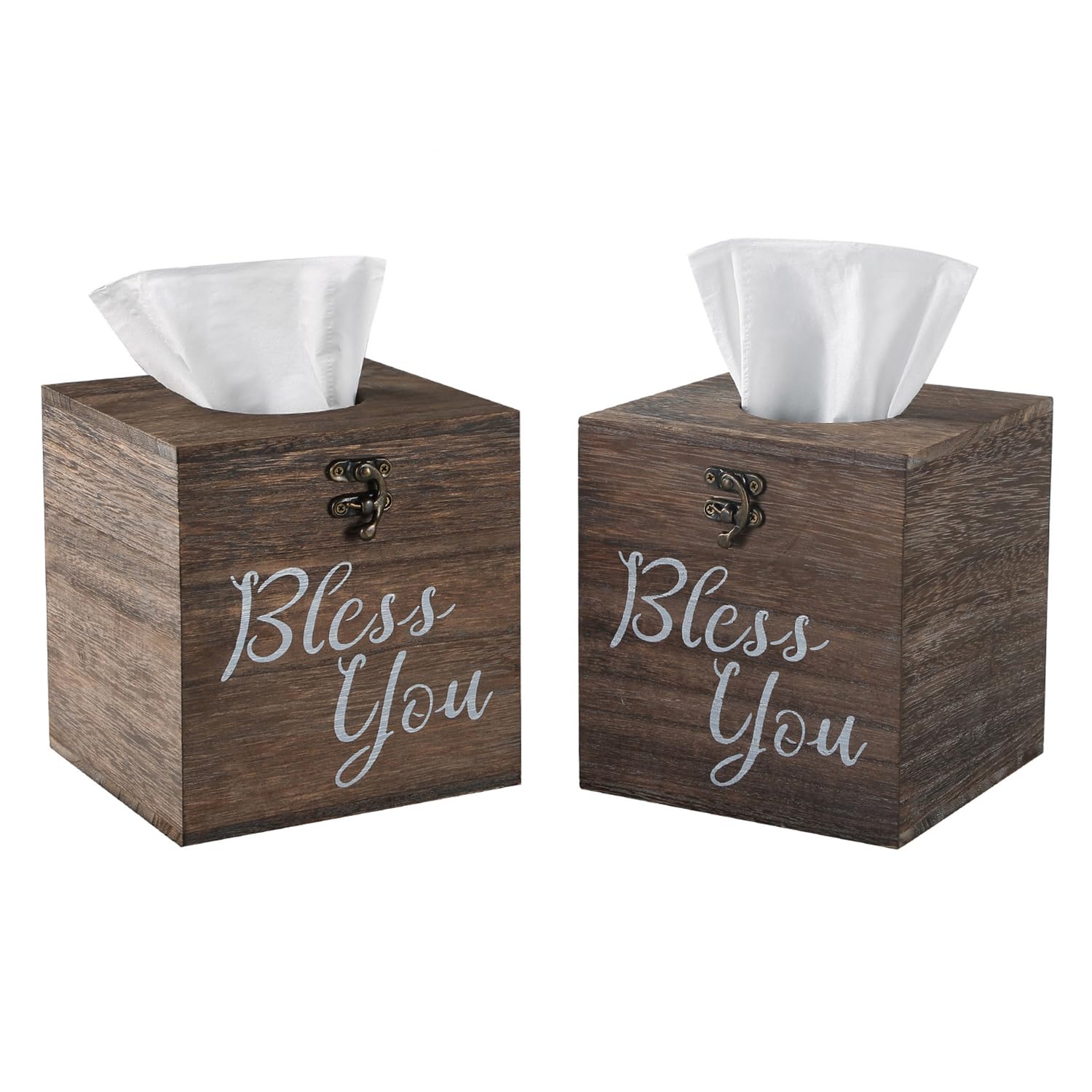 Bless You Wood Tissue Box Cover Set of 2, Rustic White Tissue Box Cover Square, Farmhouse Toilet Paper Holder, or Napkin Holder for Table (Brown)