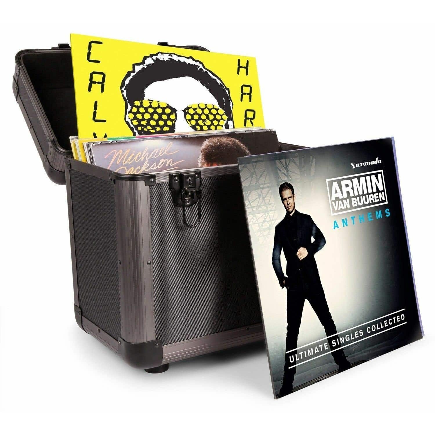 Power Dynamics RC80 Set 2 Estuches para Discos Vinilo, Capacidad 120 LPs, Tapa Desmontable y apilable, protección contra Polvo y Golpes, Acabado Titanio, Ideal para DJs y coleccionistas